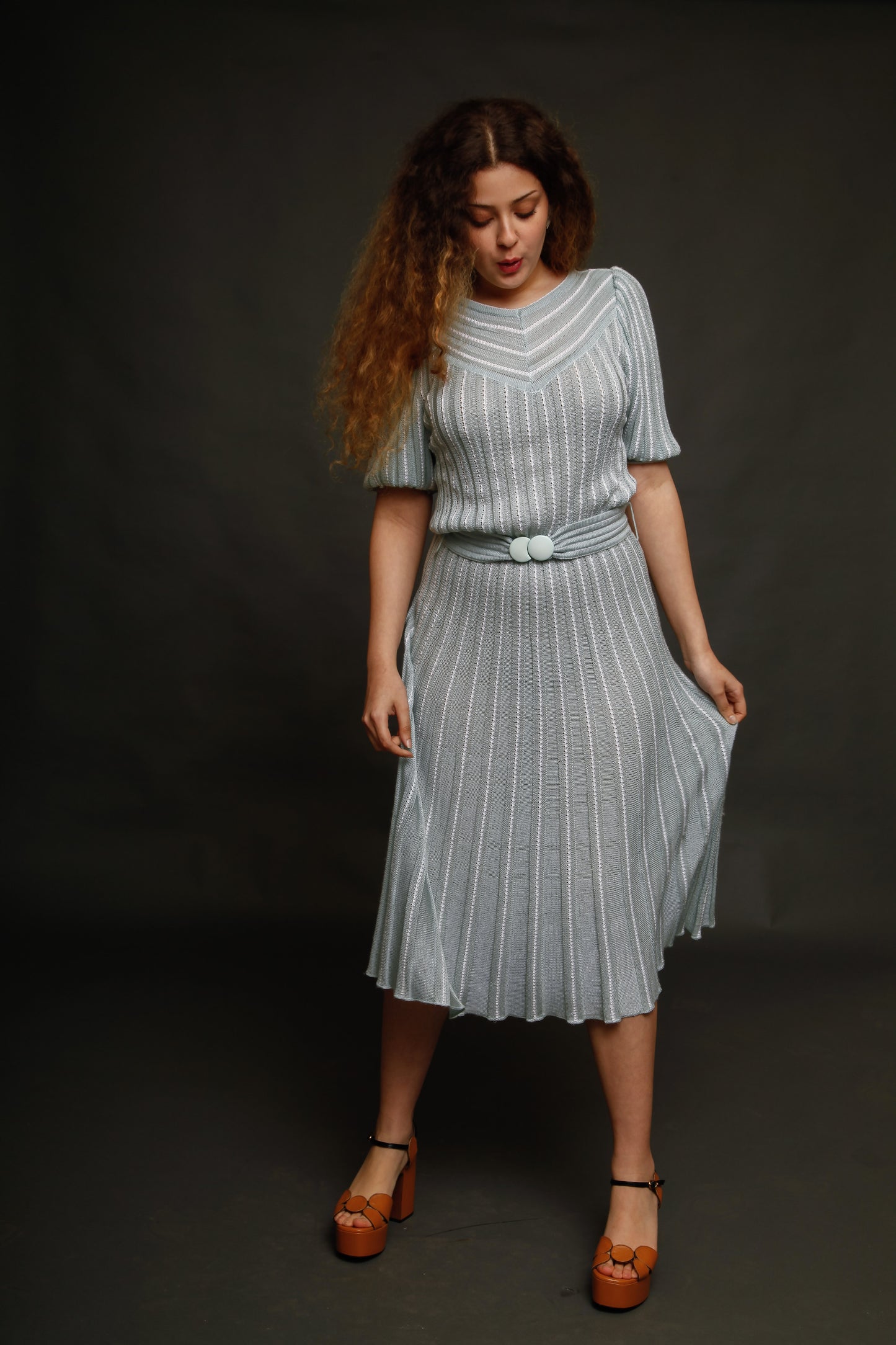 1970 Knit Pale Blue Striped Dress