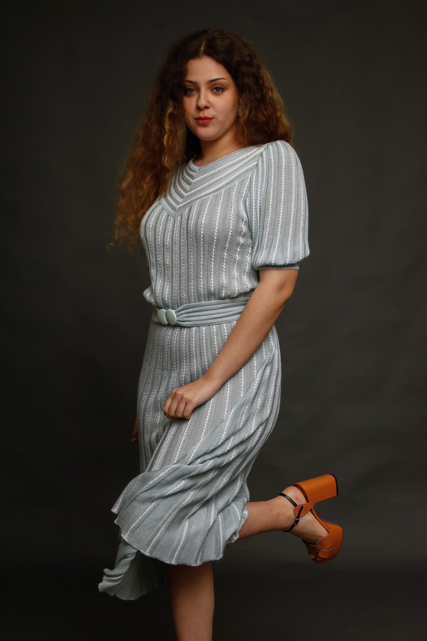 1970 Knit Pale Blue Striped Dress
