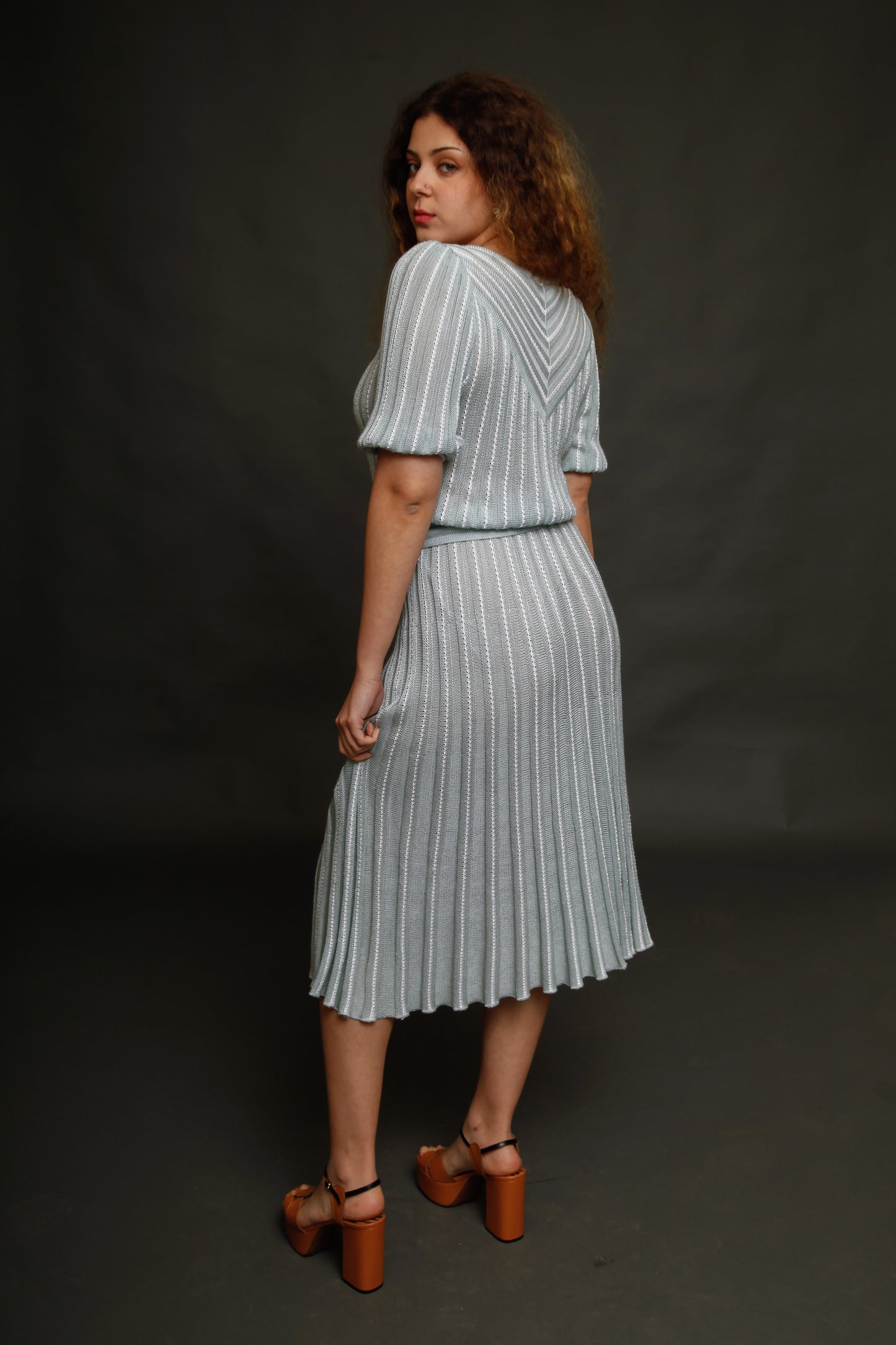 1970 Knit Pale Blue Striped Dress