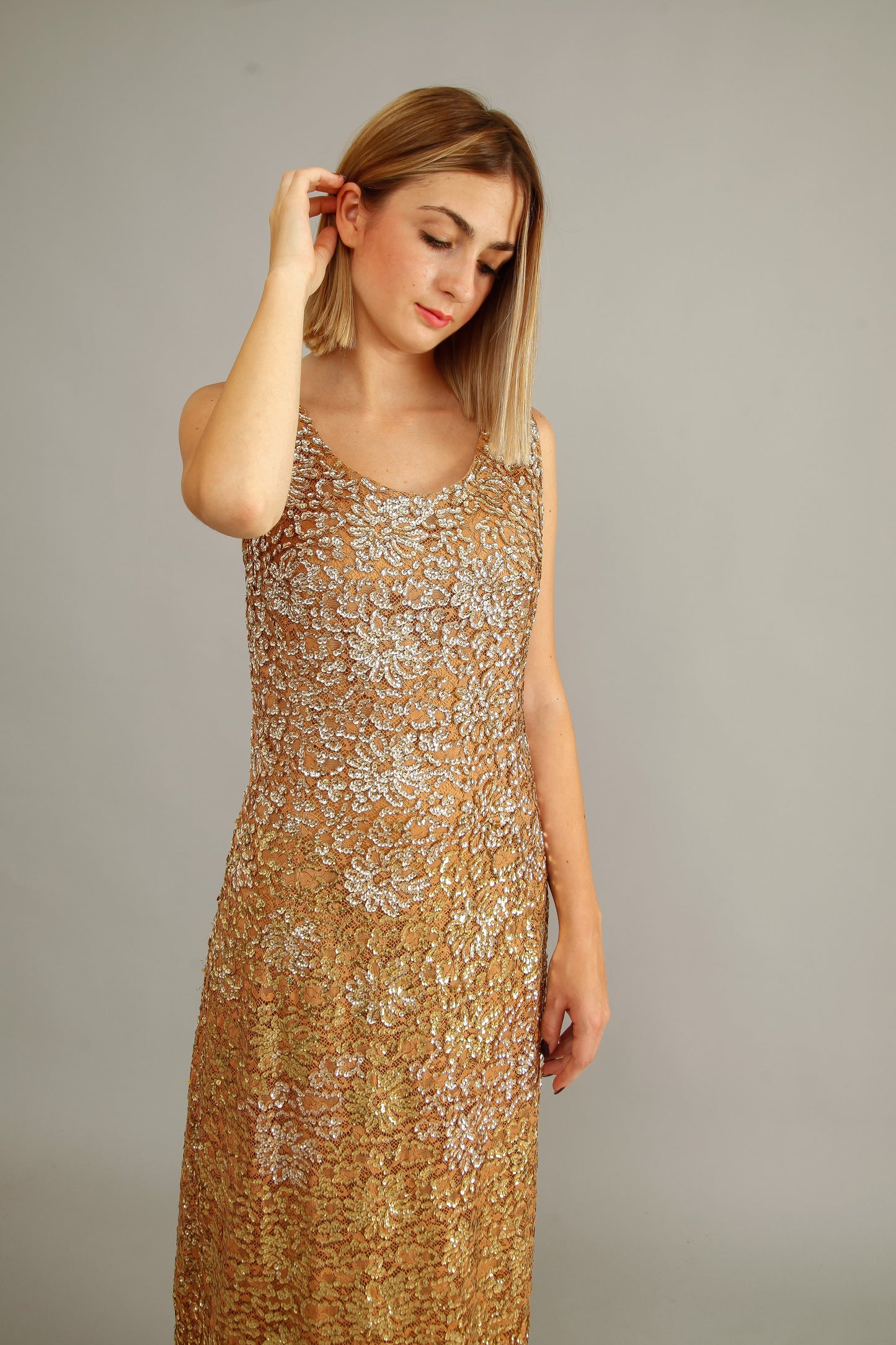 60s Lace and Sequins Ombre Evening Gown