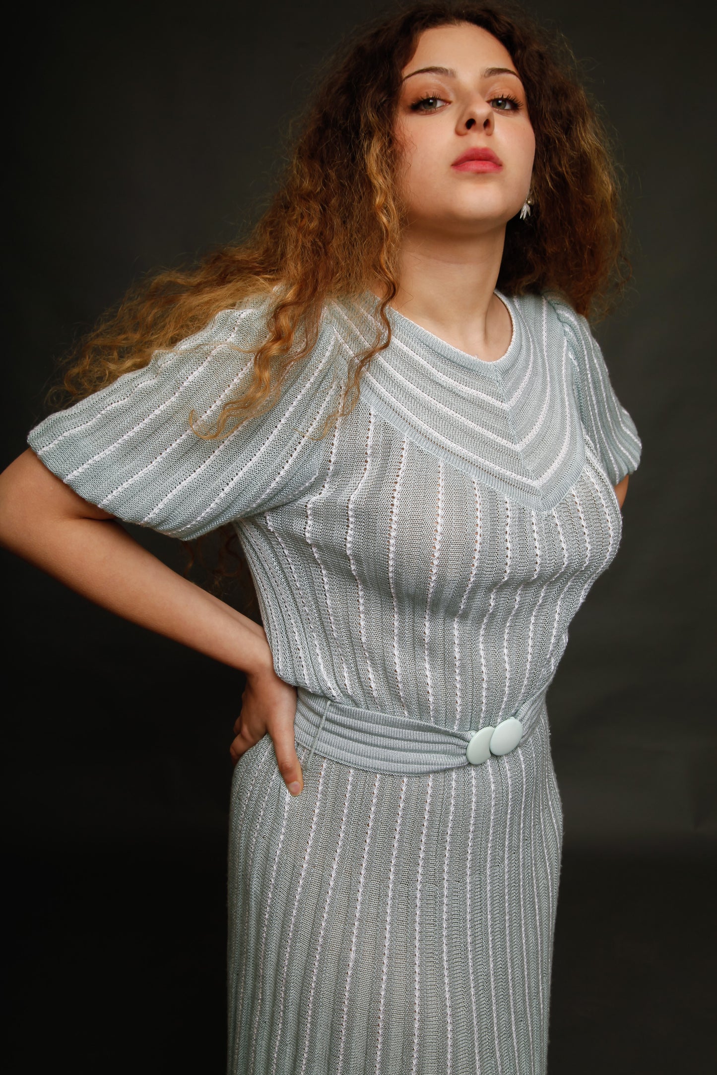 1970 Knit Pale Blue Striped Dress