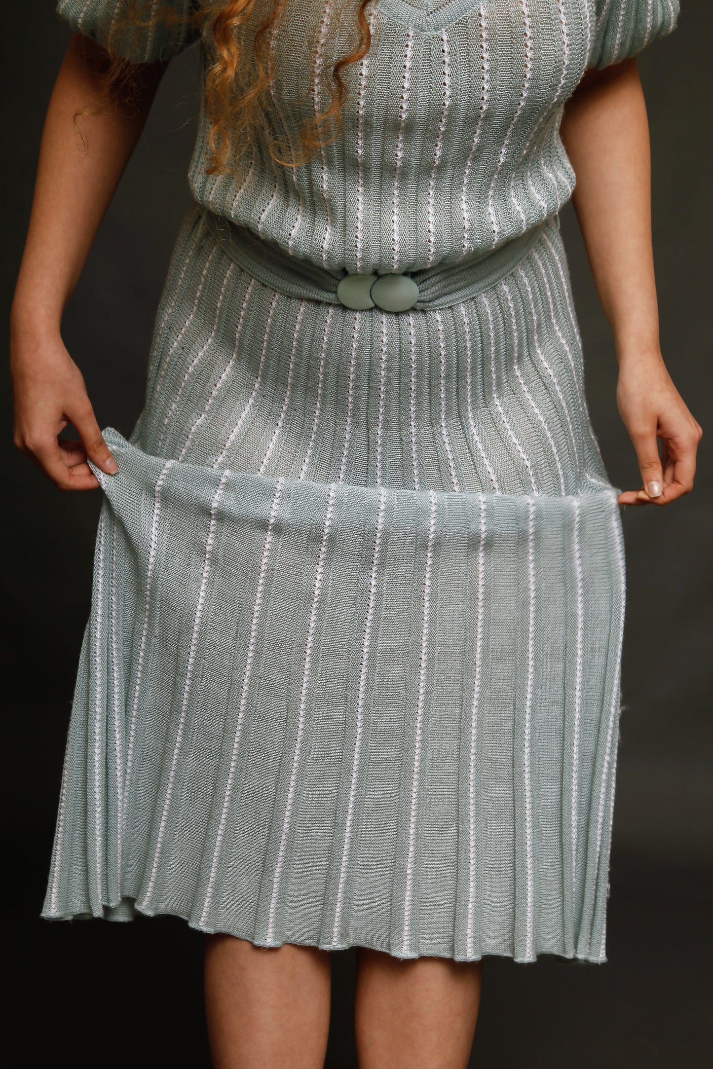 1970 Knit Pale Blue Striped Dress