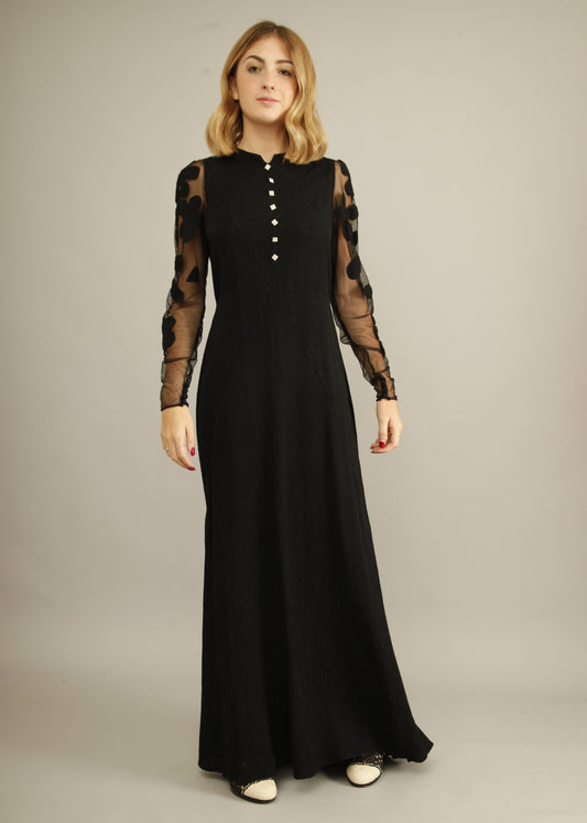 Dramatic Black Florals 30s Evening Gown