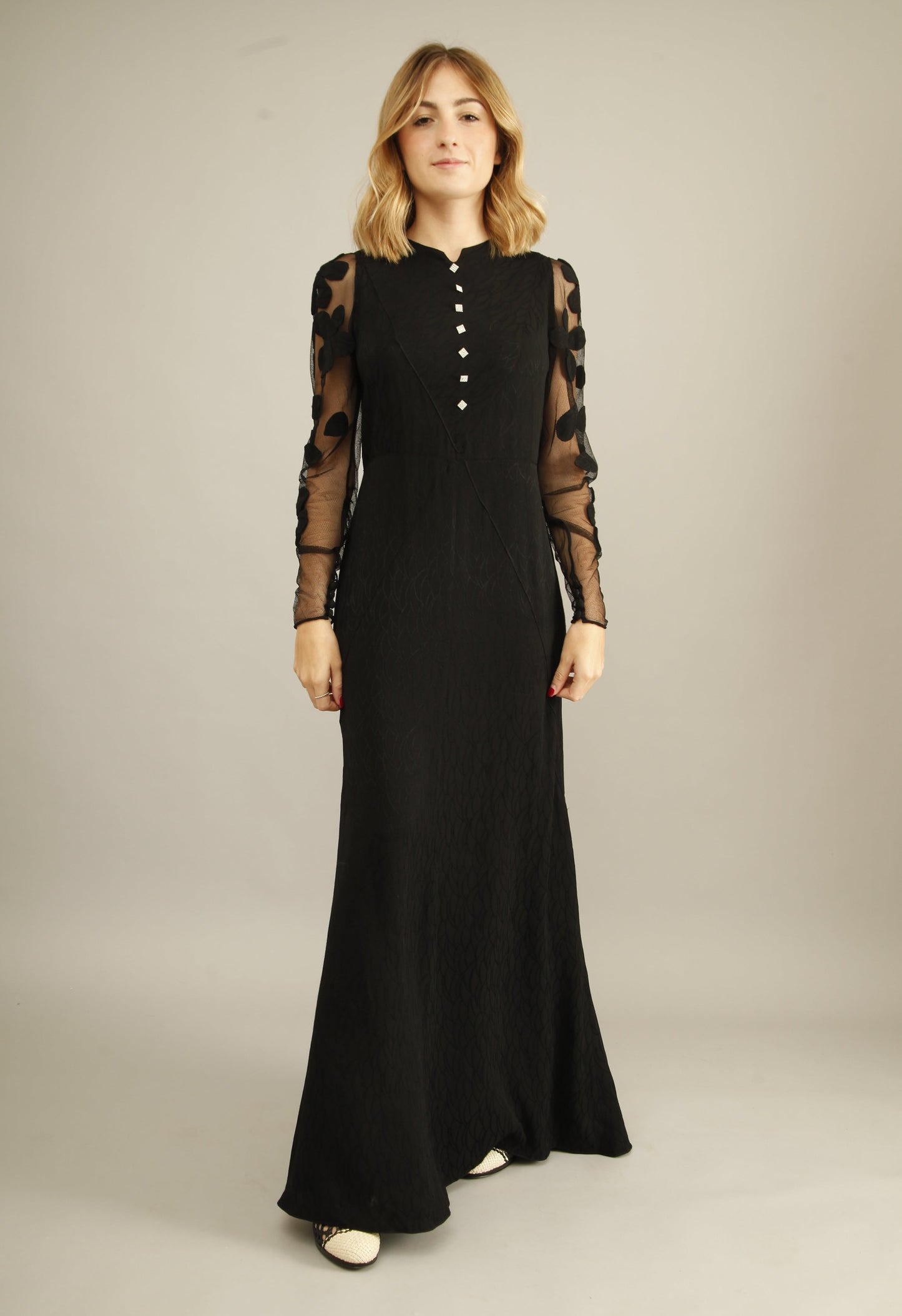 Dramatic Black Florals 30s Evening Gown