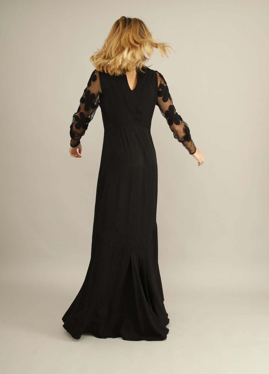 Dramatic Black Florals 30s Evening Gown