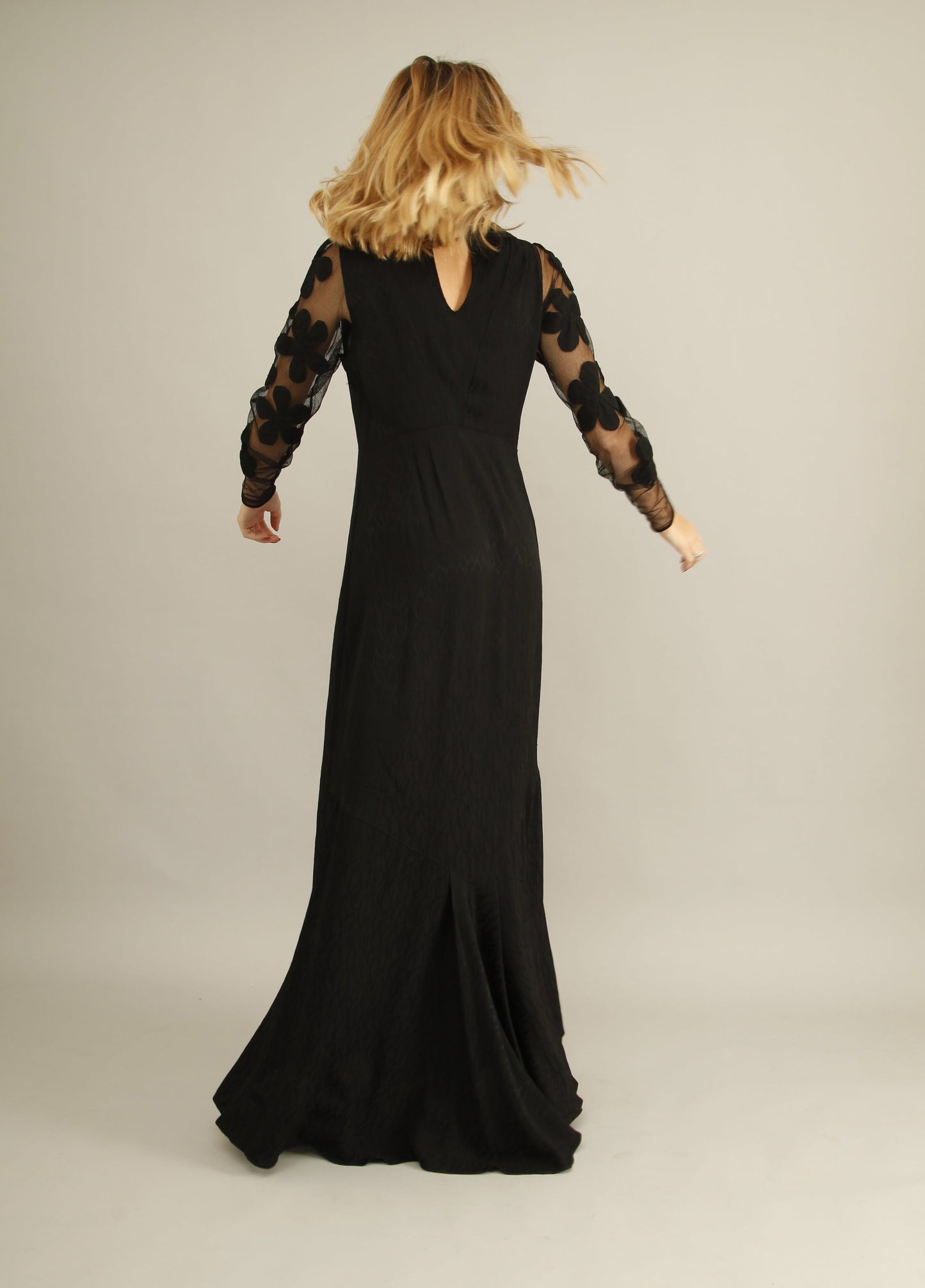 Dramatic Black Florals 30s Evening Gown