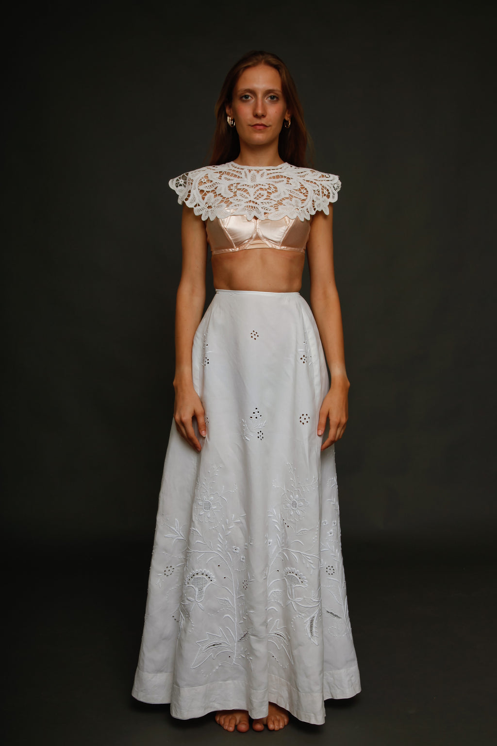 Antique Edwardian Linen Hand Embroidered Skirt