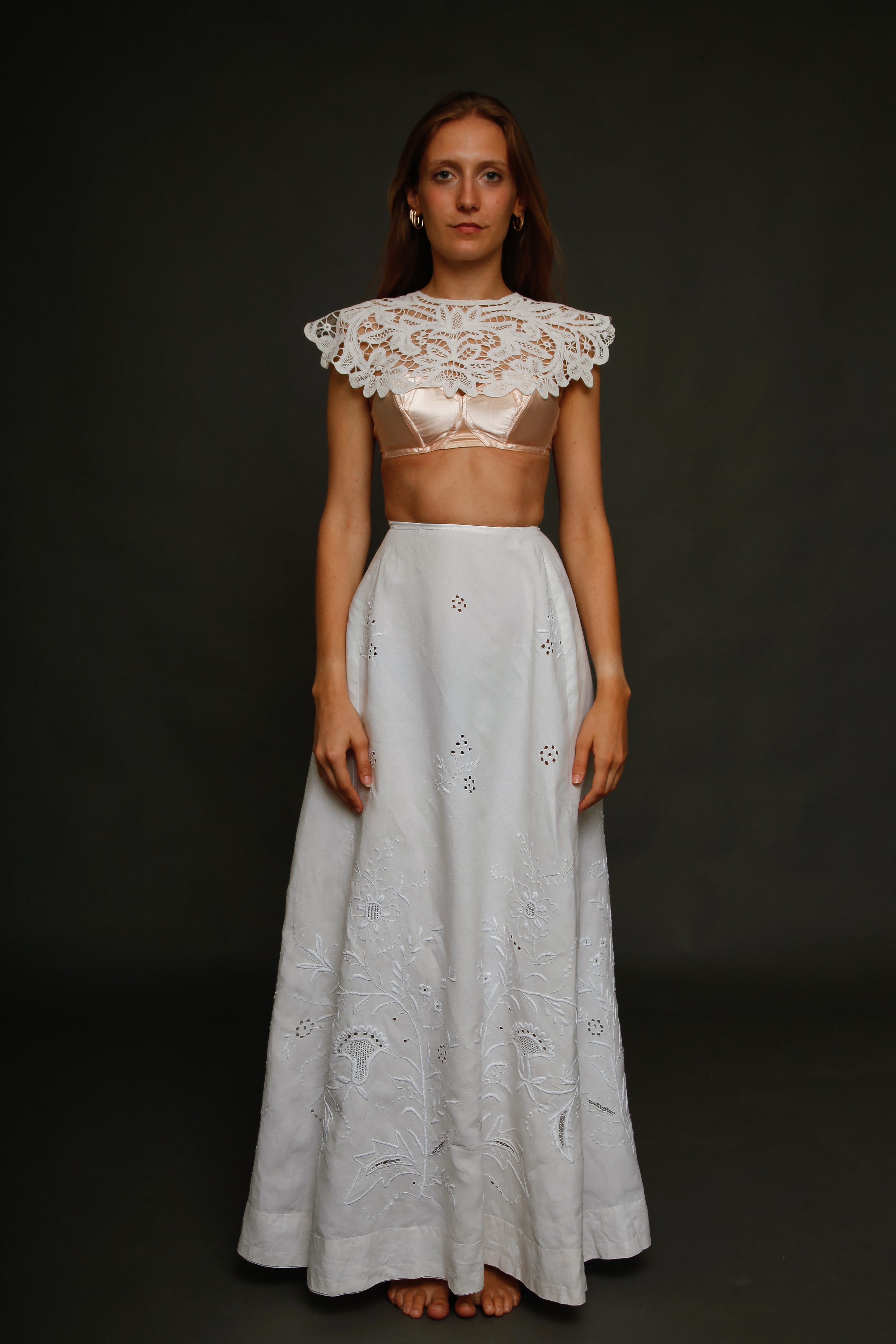 Antique Edwardian Linen Hand Embroidered Skirt