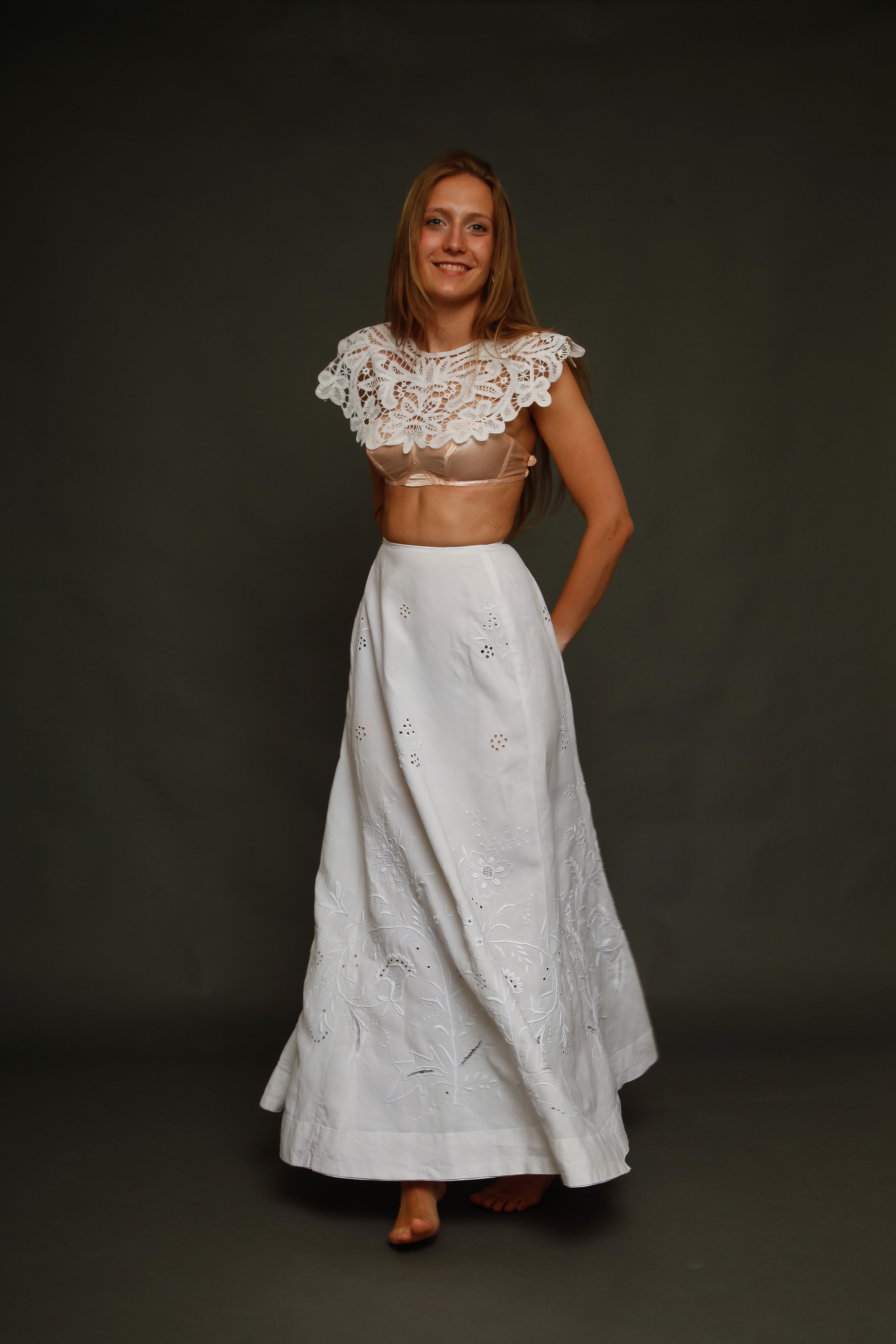 Antique Edwardian Linen Hand Embroidered Skirt