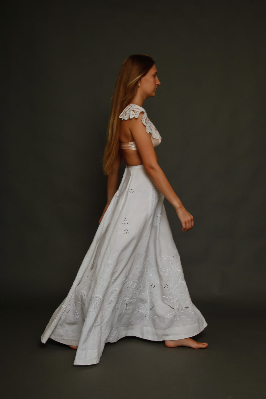 Antique Edwardian Linen Hand Embroidered Skirt