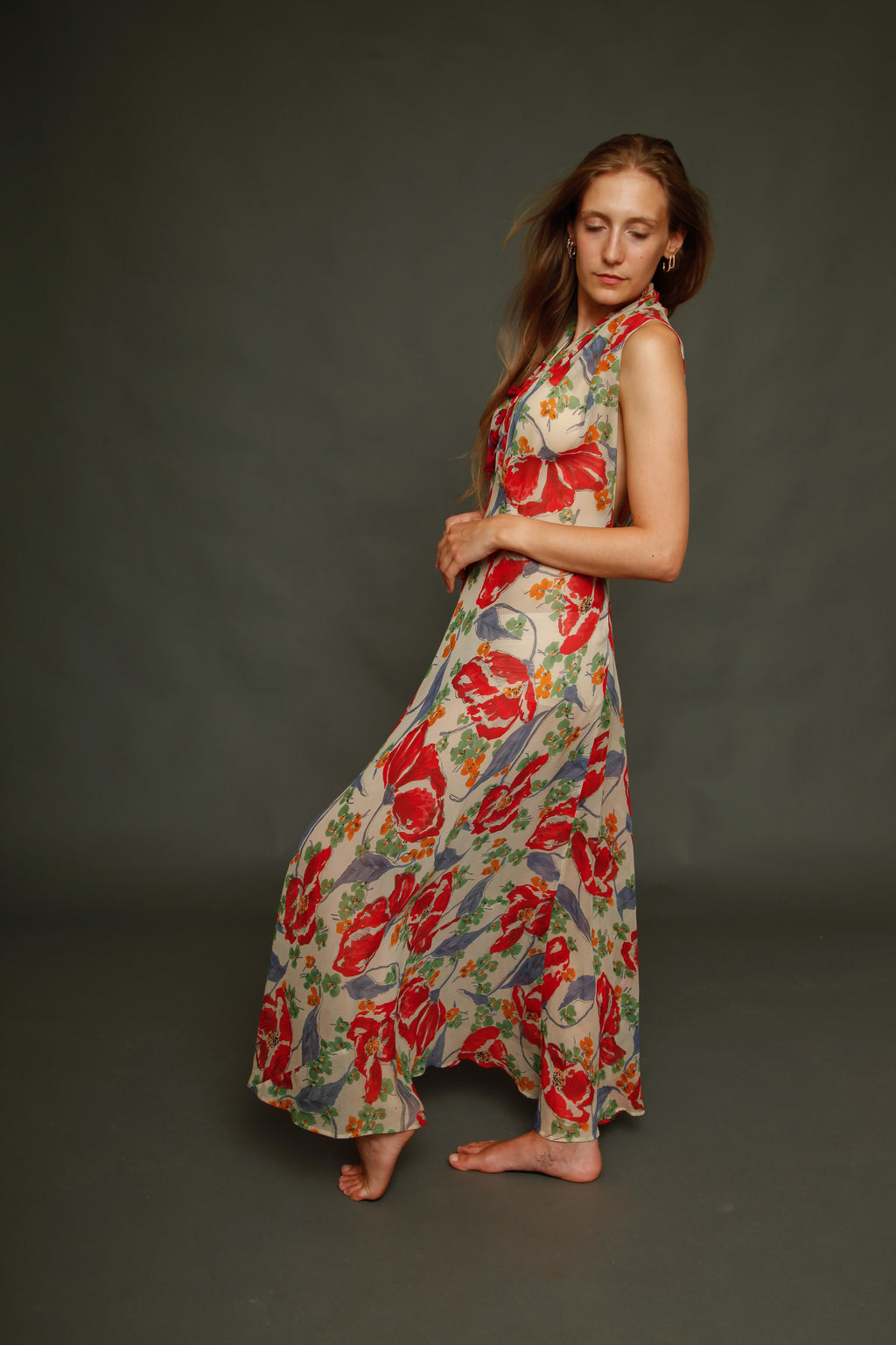 Incredible 30s Silk Chiffon with Poppy Print Dress