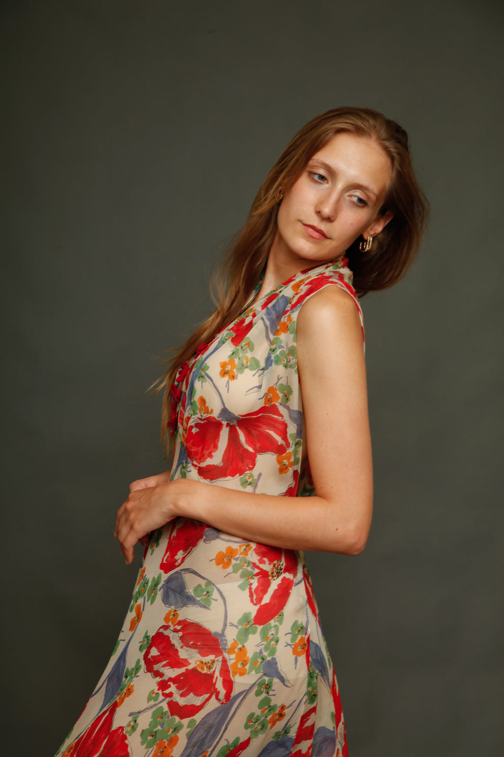 Incredible 30s Silk Chiffon with Poppy Print Dress
