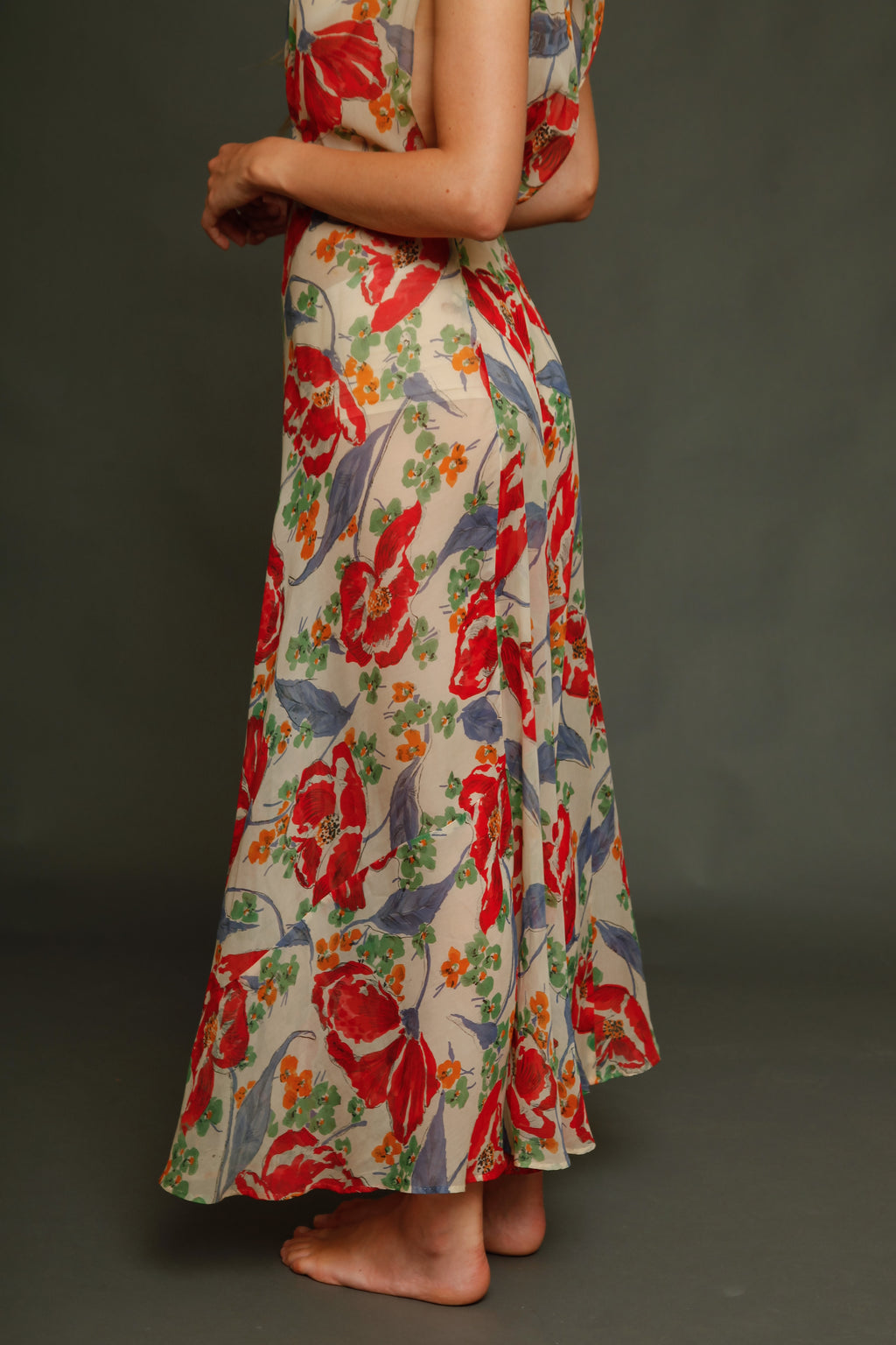 Incredible 30s Silk Chiffon with Poppy Print Dress