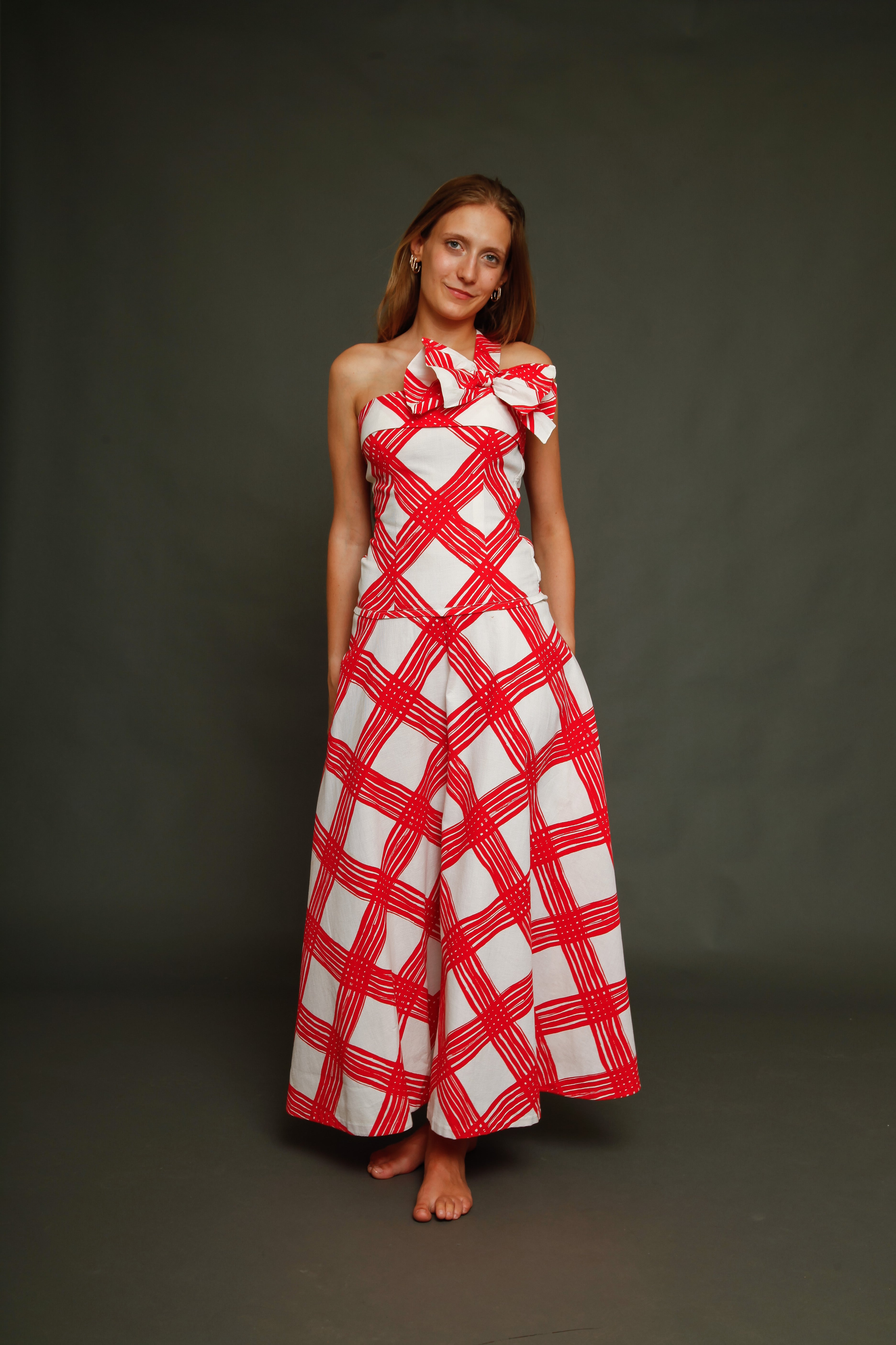 1940 Red and White Checked Long Dress
