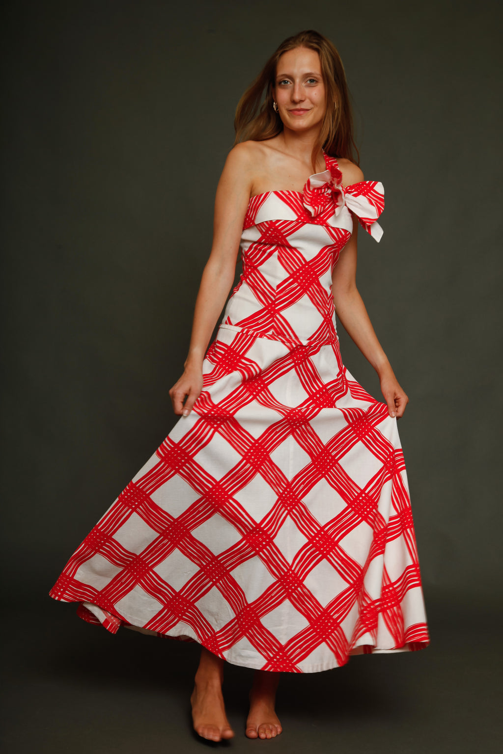 1940 Red and White Checked Long Dress
