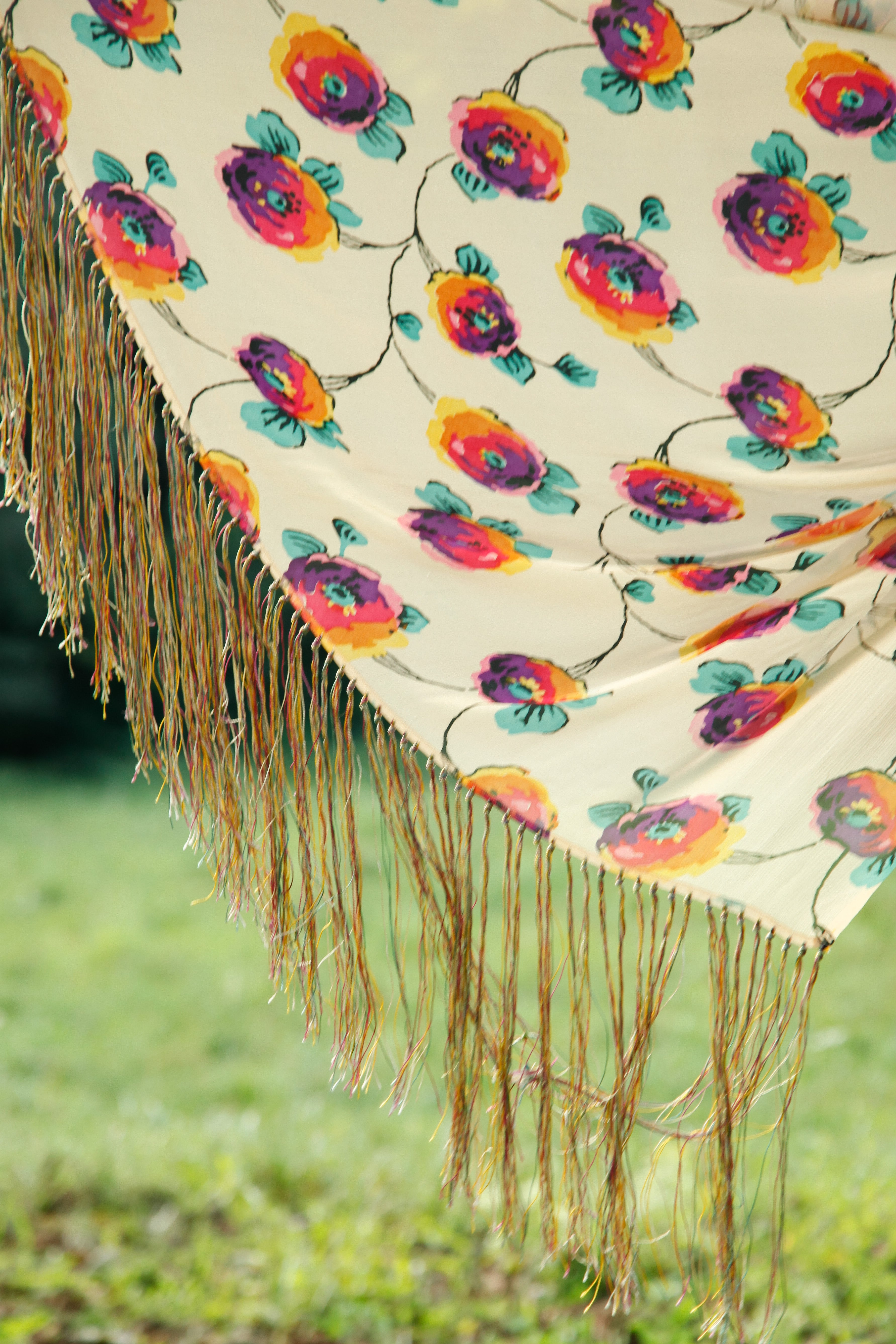 1920 Rare Silk Floral Fringed Scarf