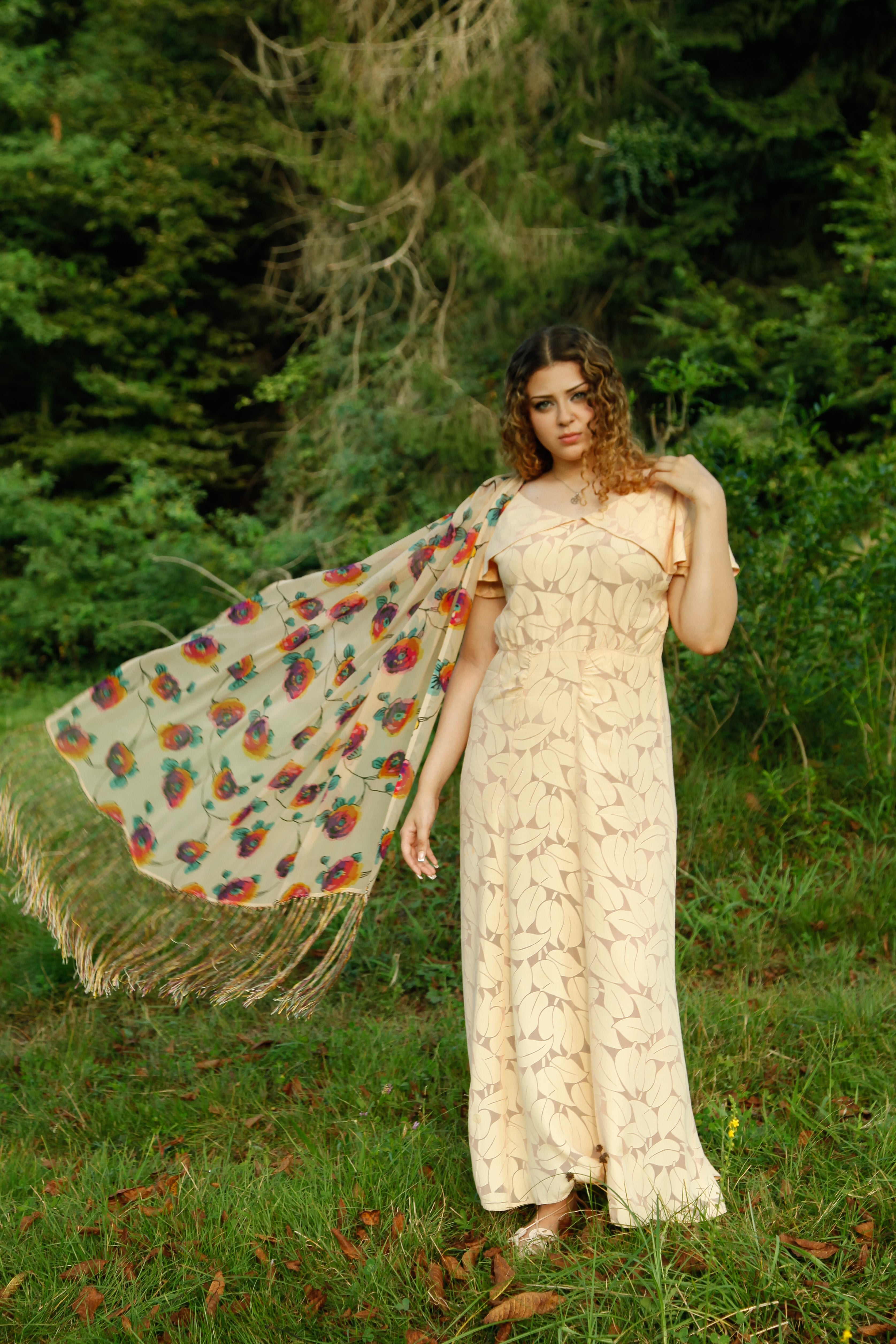 1920 Rare Silk Floral Fringed Scarf