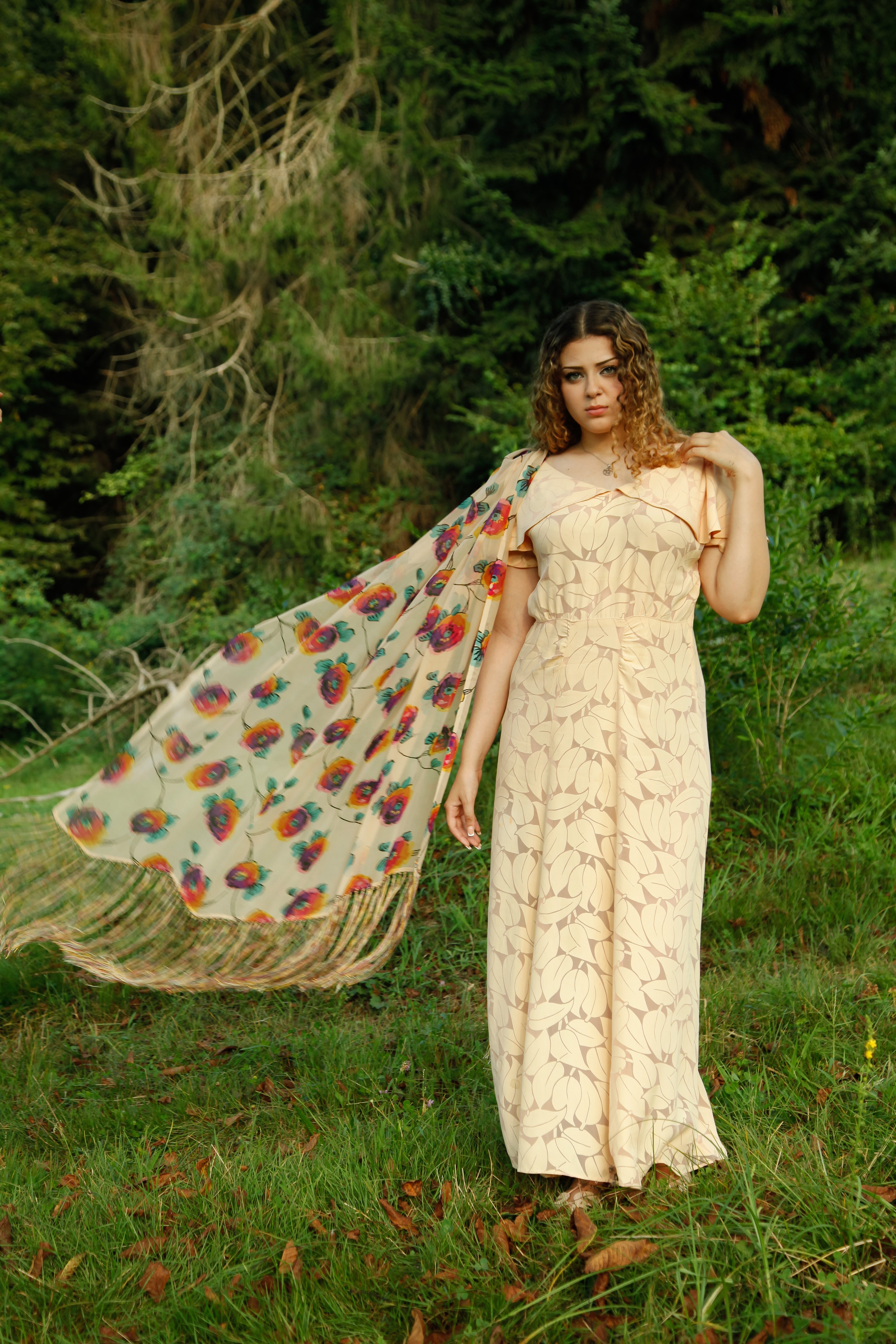 1920 Rare Silk Floral Fringed Scarf
