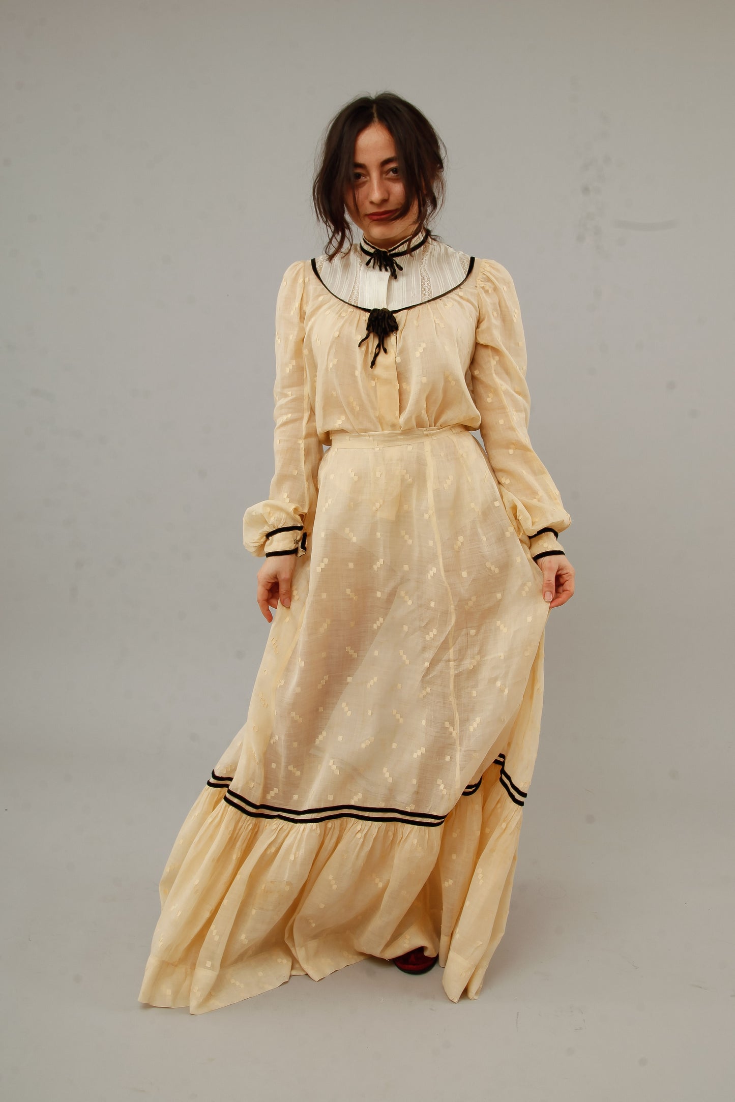 Victorian Cotton Muslin Cream Ensemble with Velvet Details