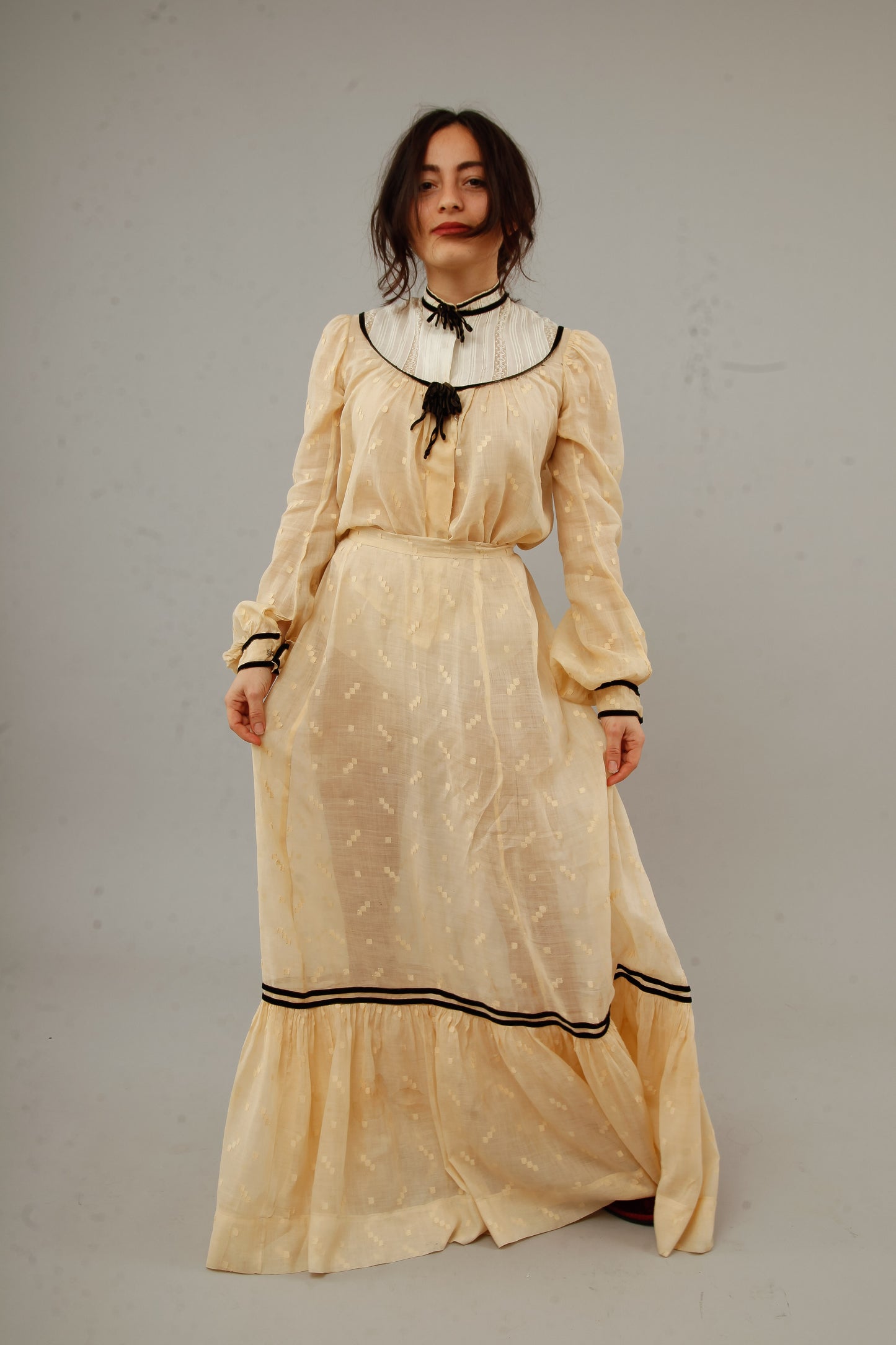 Victorian Cotton Muslin Cream Ensemble with Velvet Details