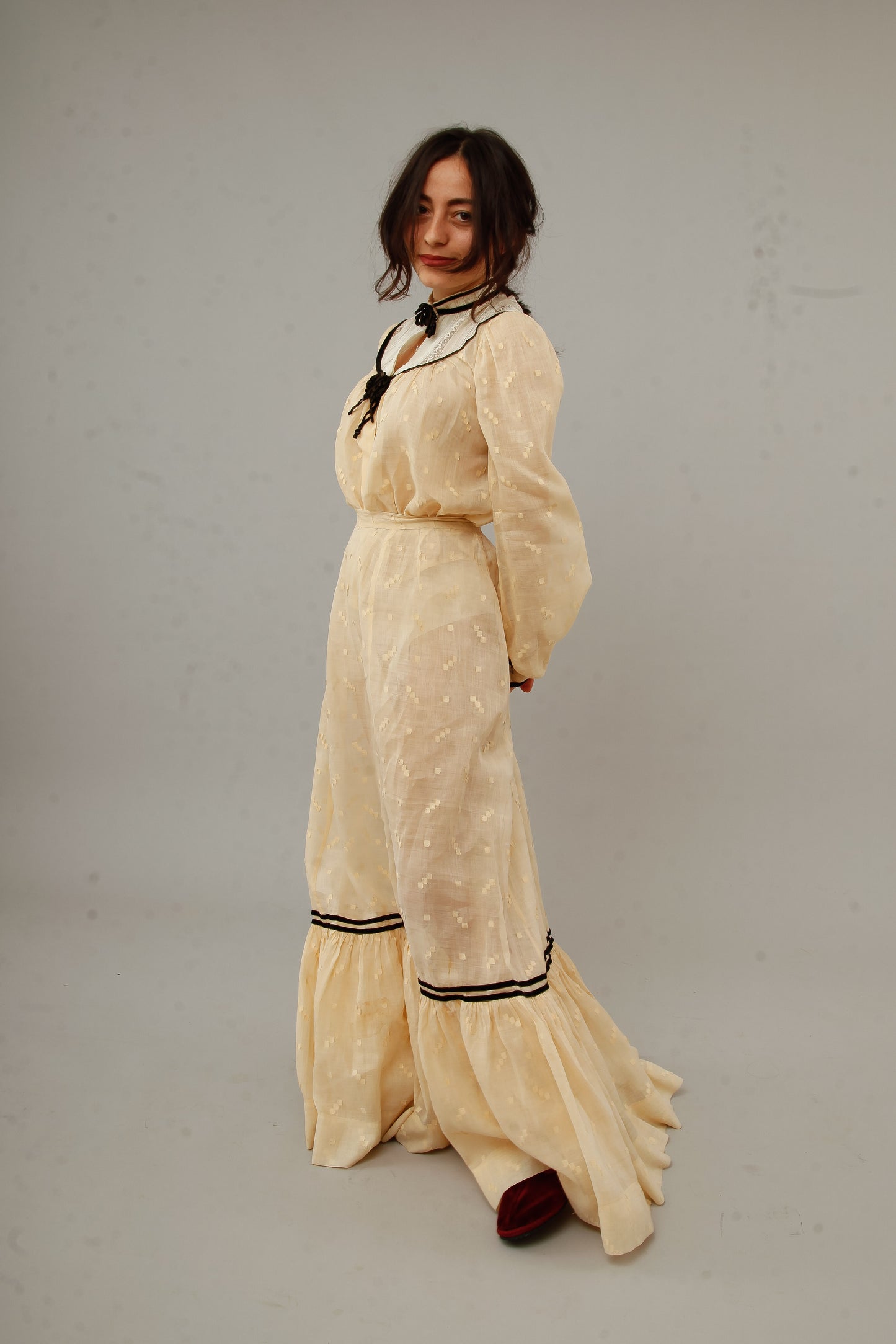 Victorian Cotton Muslin Cream Ensemble with Velvet Details