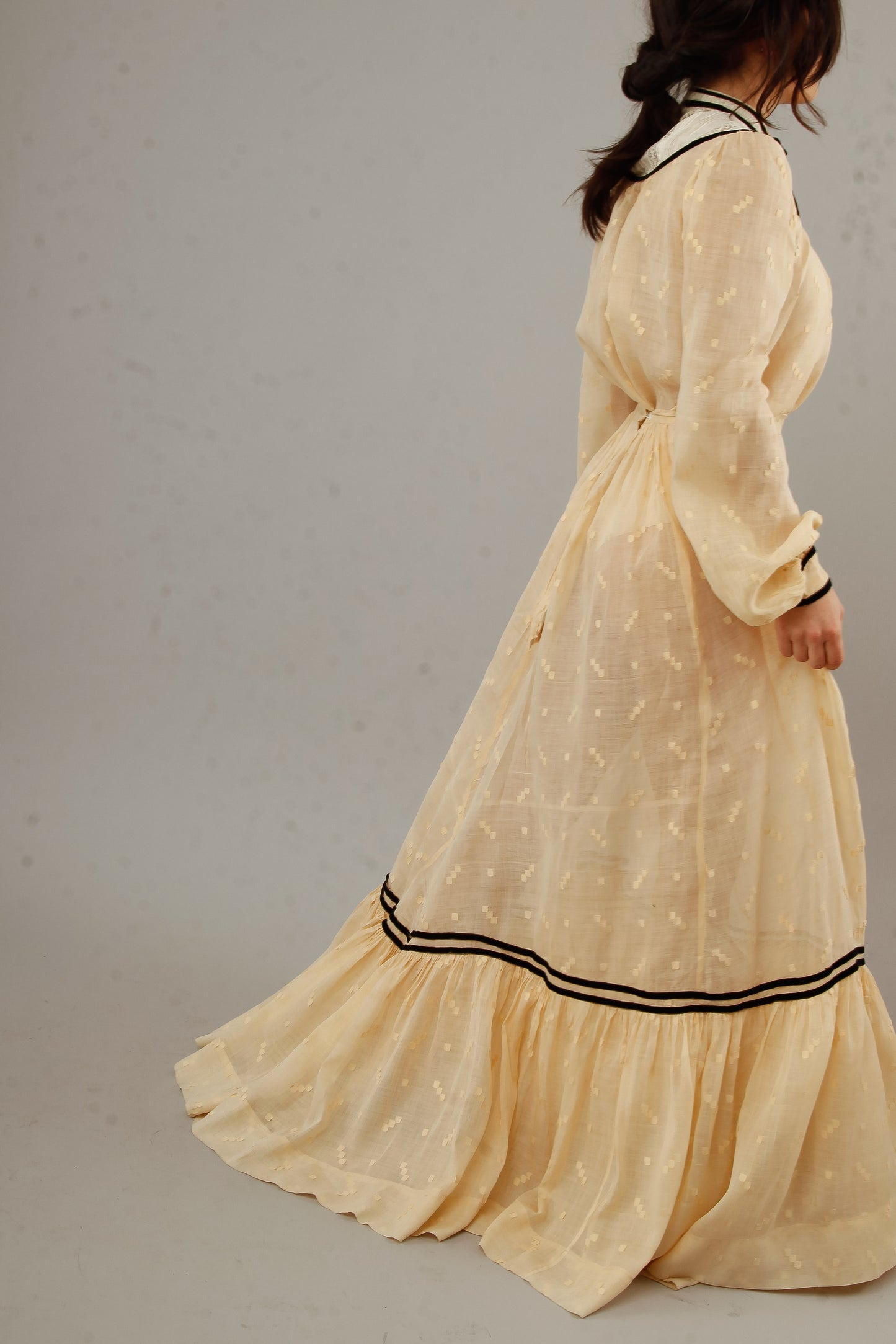 Victorian Cotton Muslin Cream Ensemble with Velvet Details