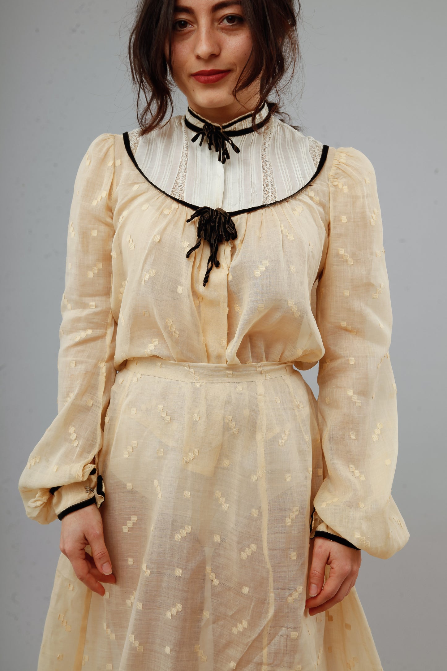 Victorian Cotton Muslin Cream Ensemble with Velvet Details