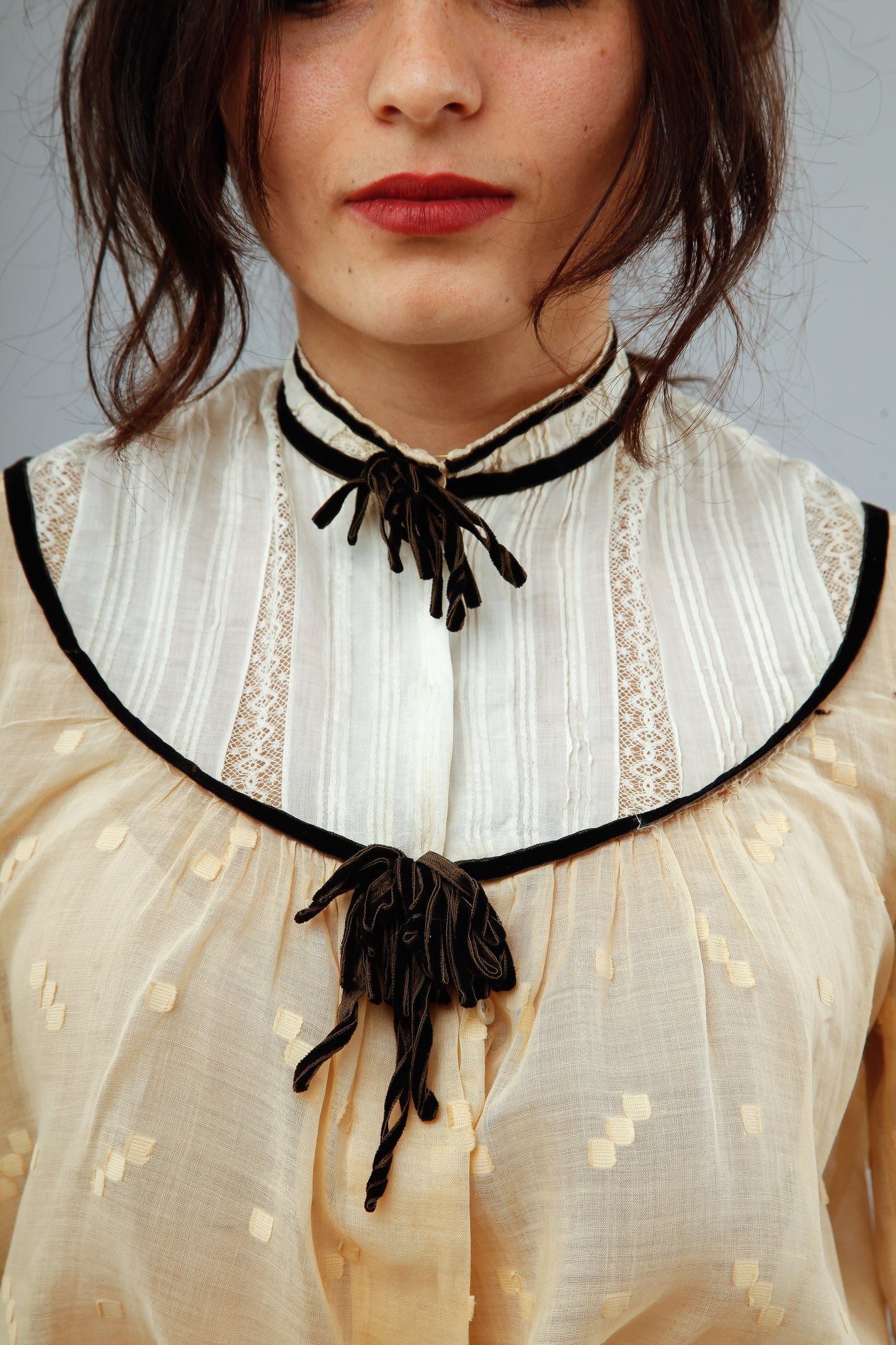 Victorian Cotton Muslin Cream Ensemble with Velvet Details