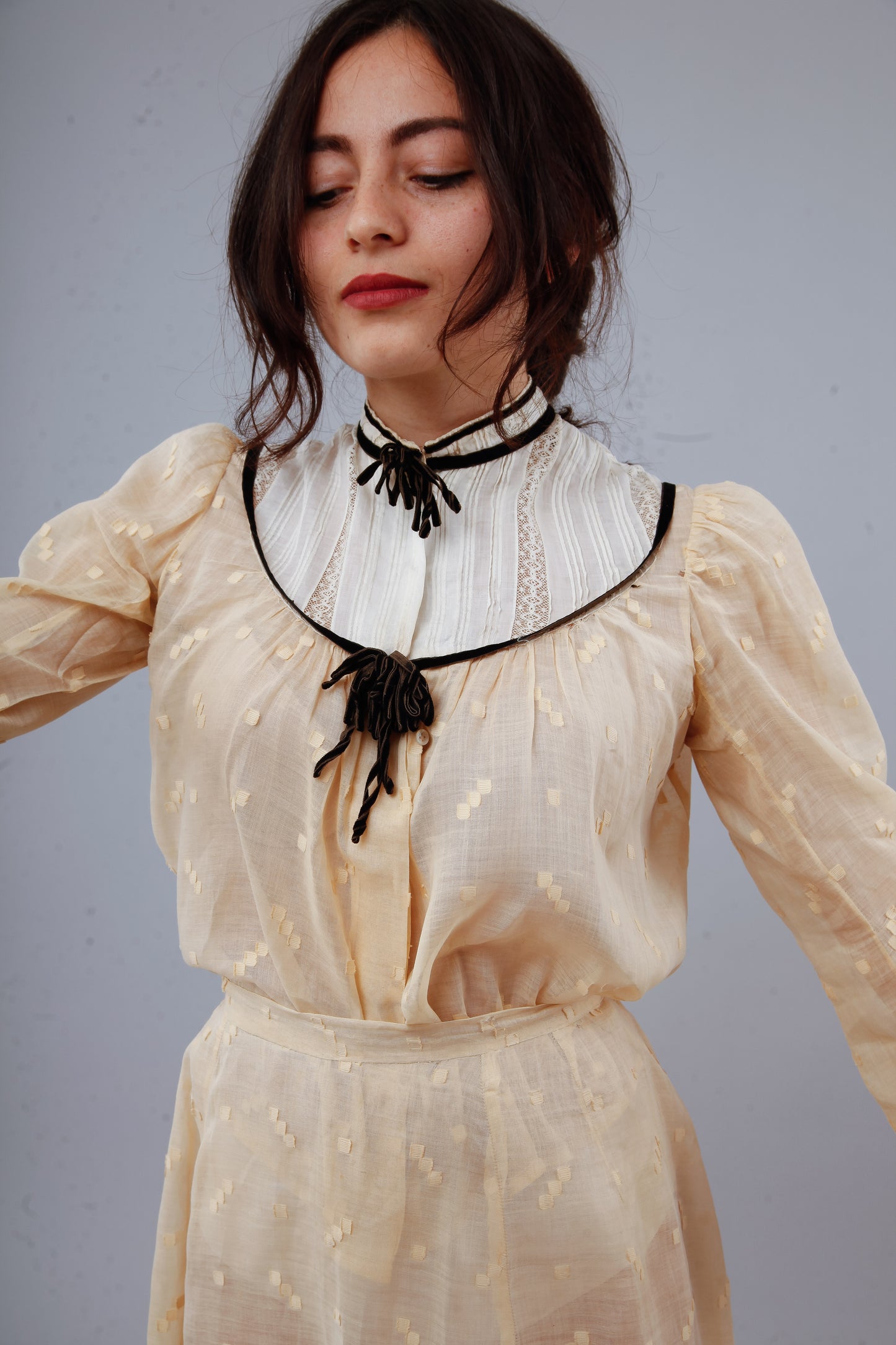 Victorian Cotton Muslin Cream Ensemble with Velvet Details