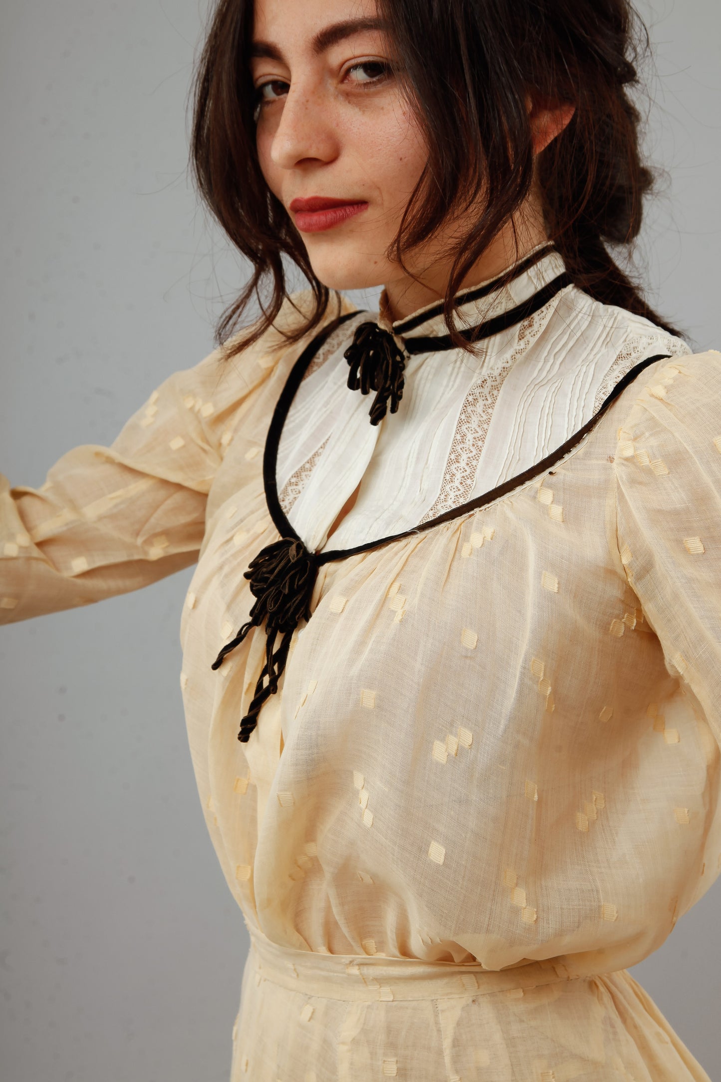 Victorian Cotton Muslin Cream Ensemble with Velvet Details