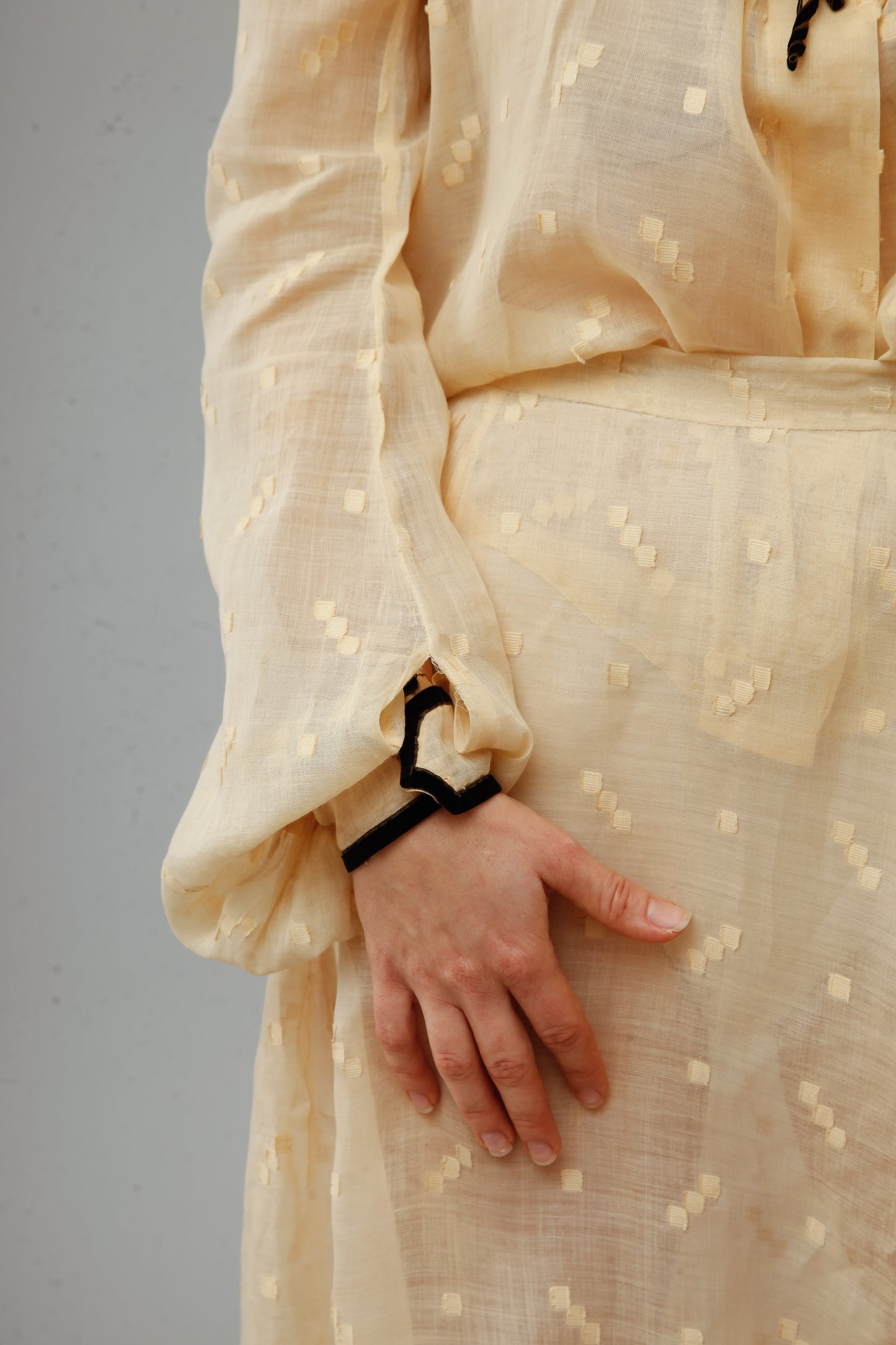 Victorian Cotton Muslin Cream Ensemble with Velvet Details