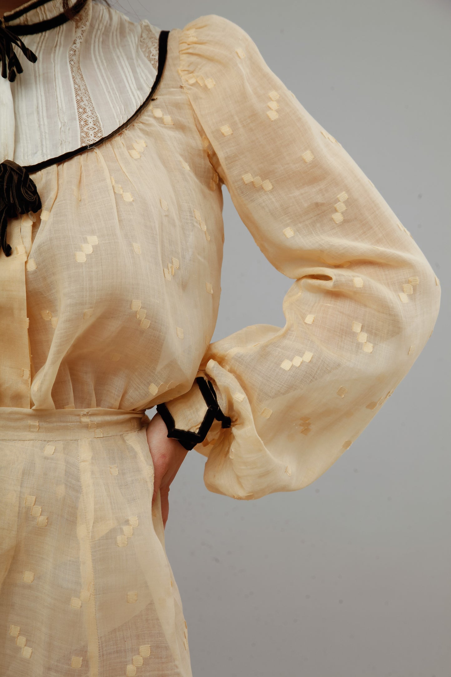 Victorian Cotton Muslin Cream Ensemble with Velvet Details