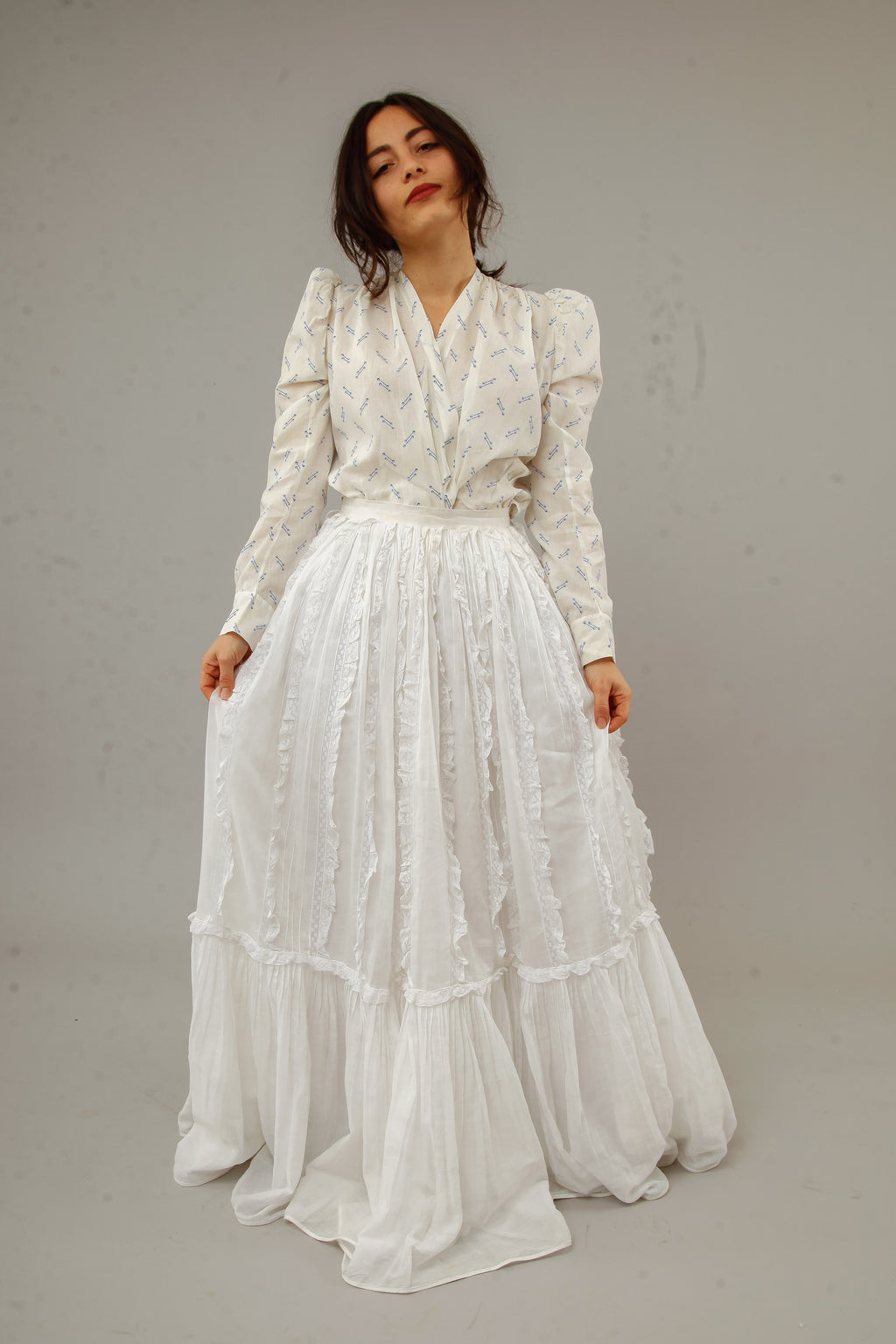 70s White Lace and Ruffles Maxi Skirt