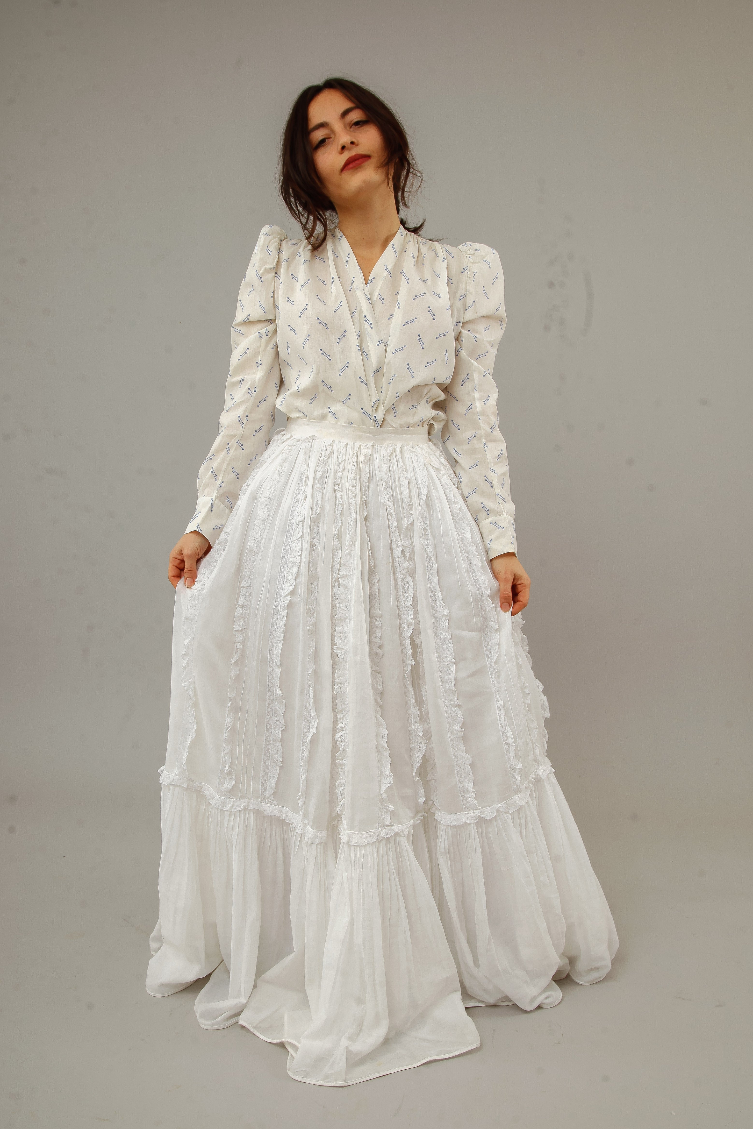 70s White Lace and Ruffles Maxi Skirt