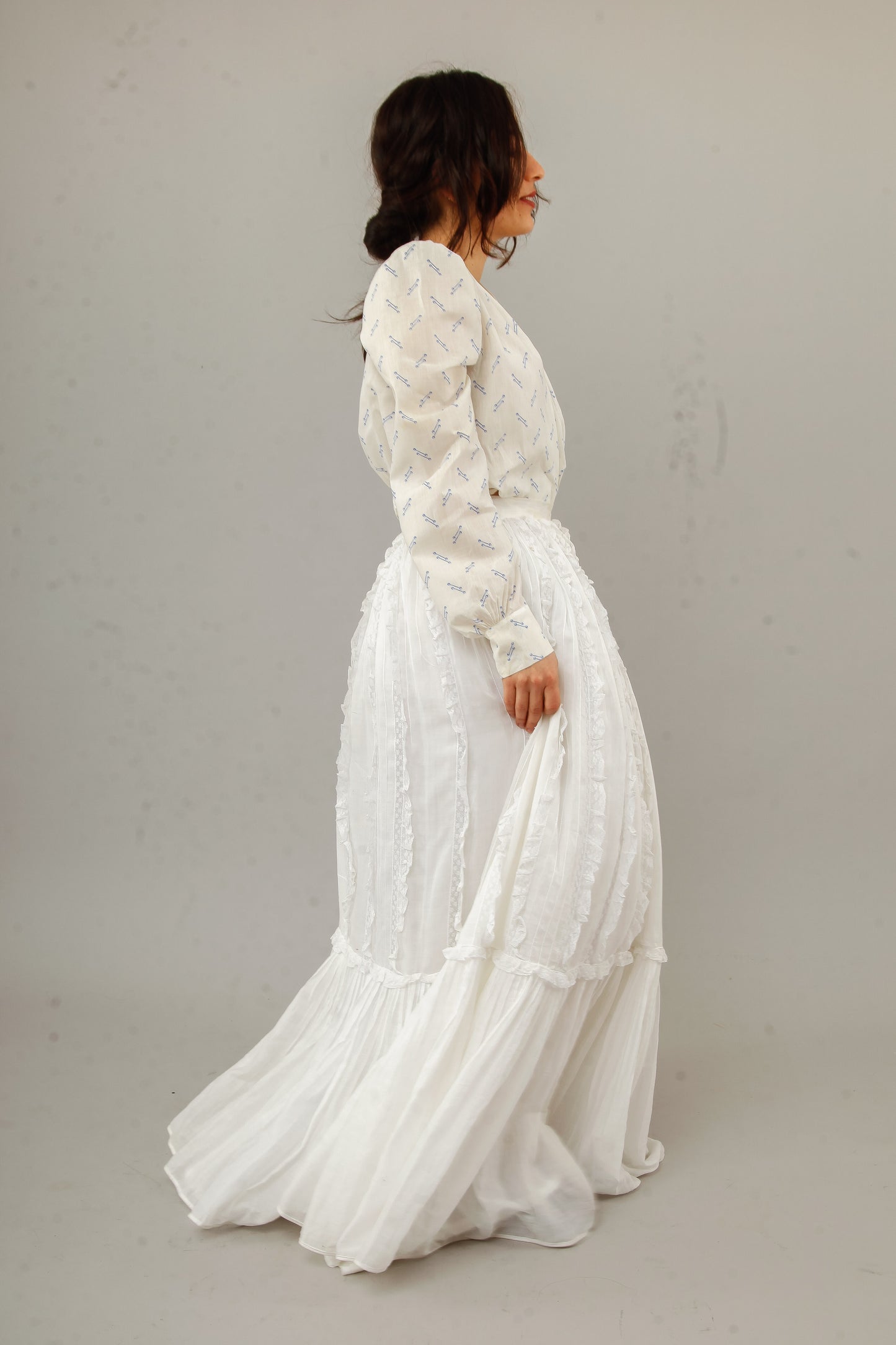 70s White Lace and Ruffles Maxi Skirt