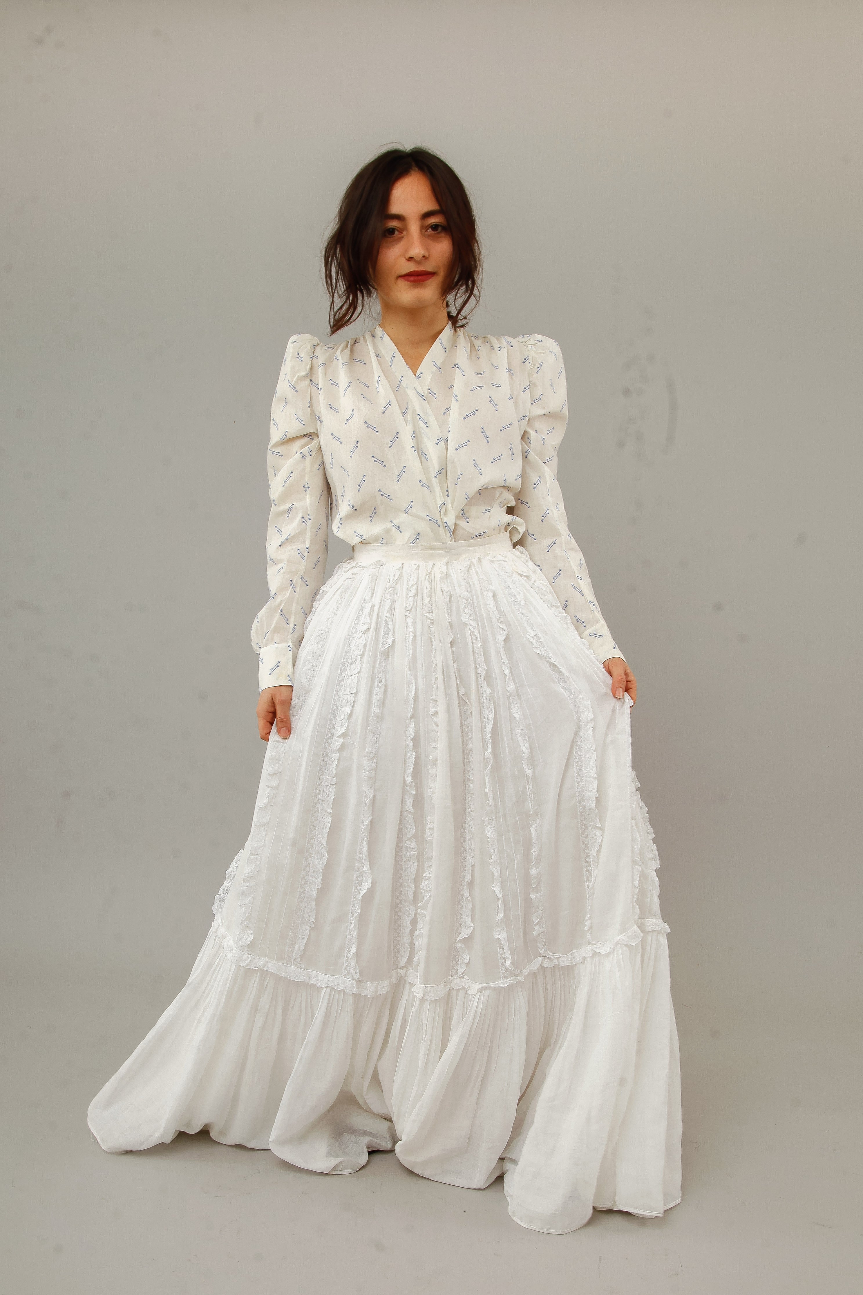70s White Lace and Ruffles Maxi Skirt