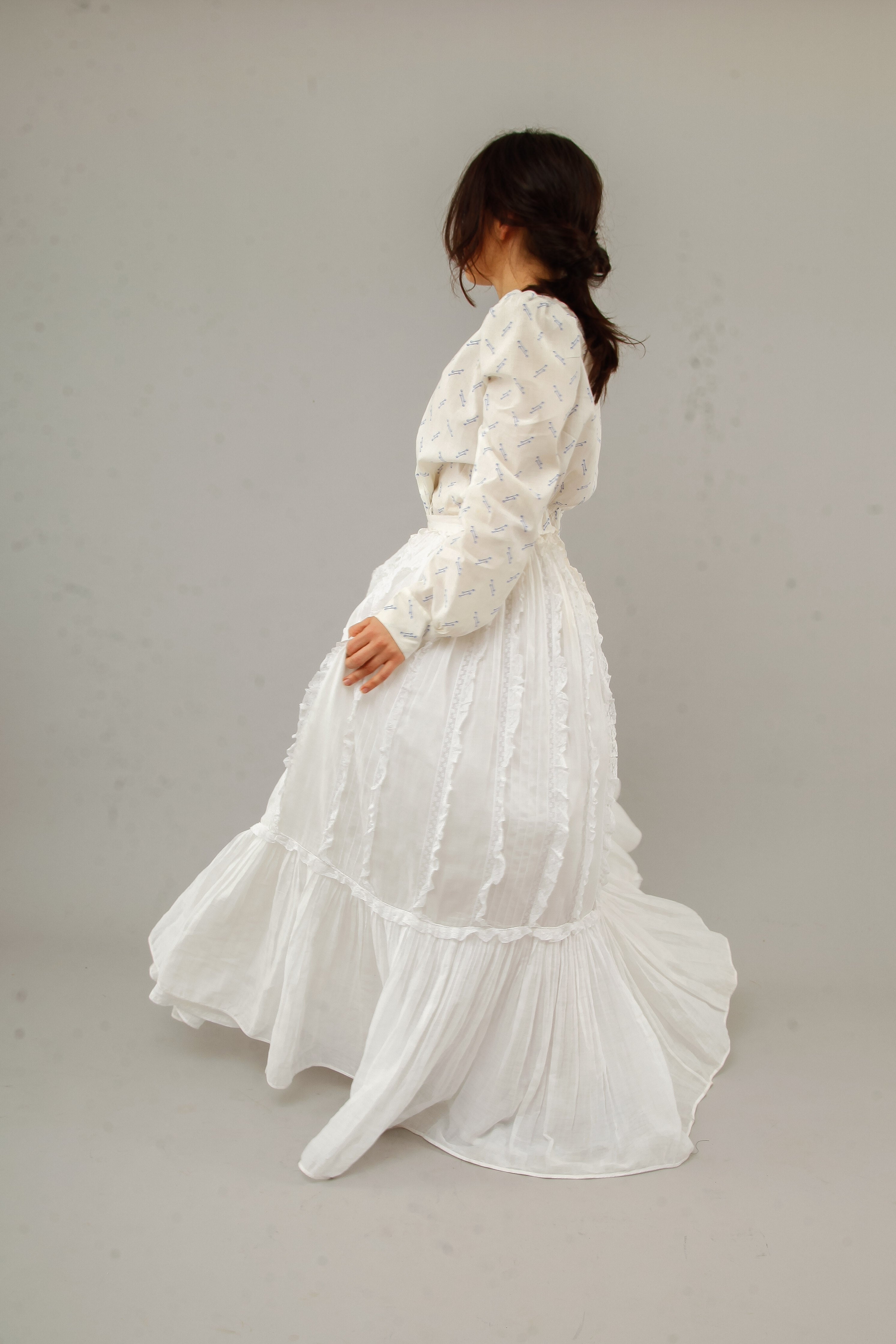 70s White Lace and Ruffles Maxi Skirt