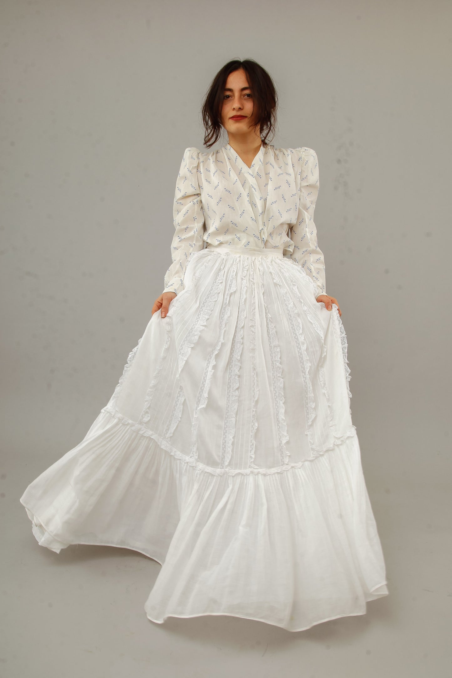 70s White Lace and Ruffles Maxi Skirt