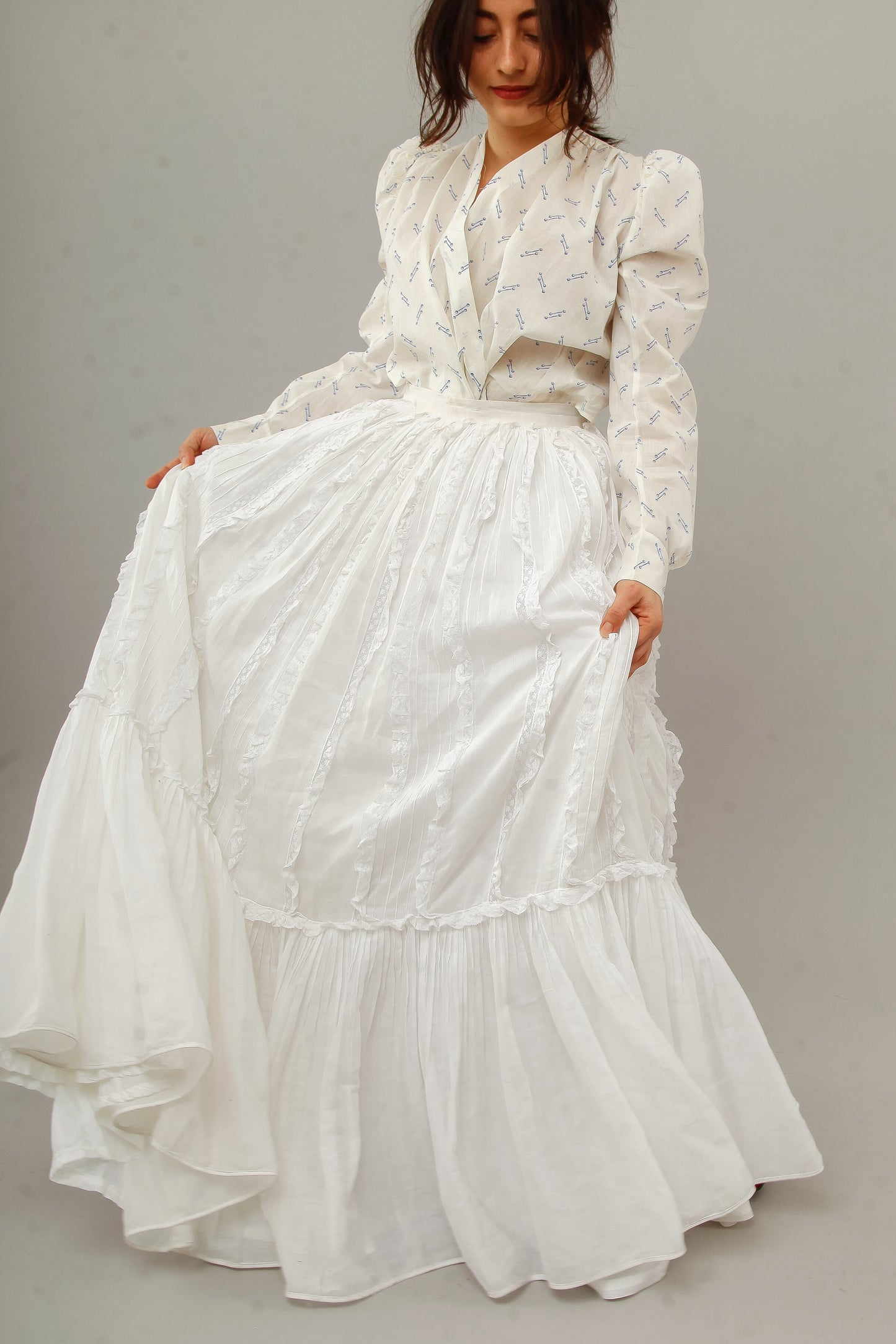 70s White Lace and Ruffles Maxi Skirt