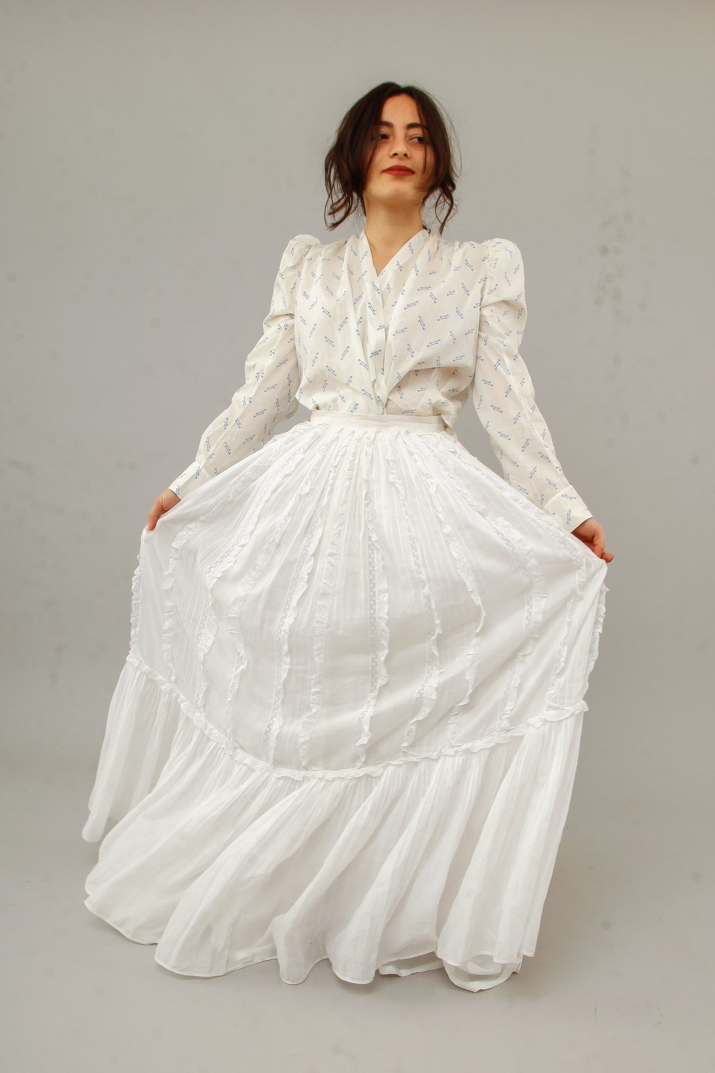 70s White Lace and Ruffles Maxi Skirt