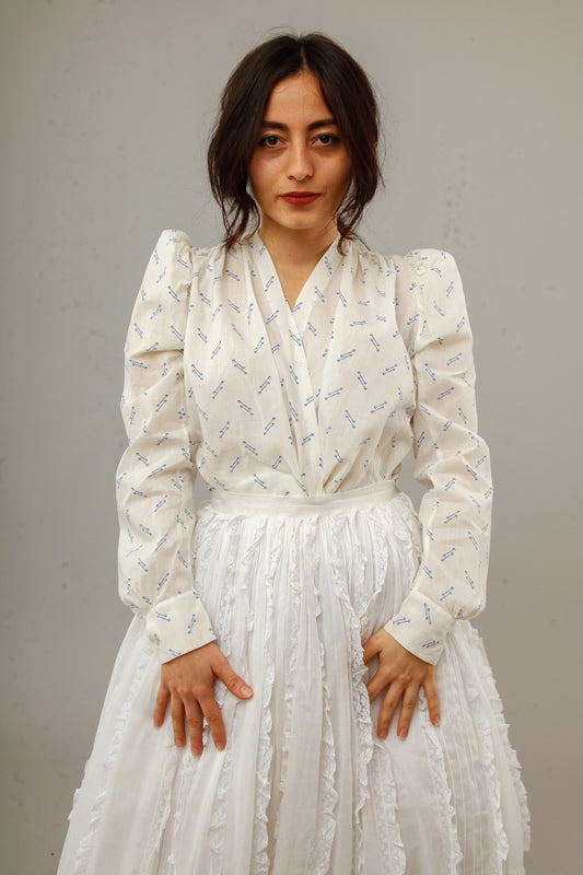 Antique 1880 Cotton Blouse with Blue Abstract Pattern