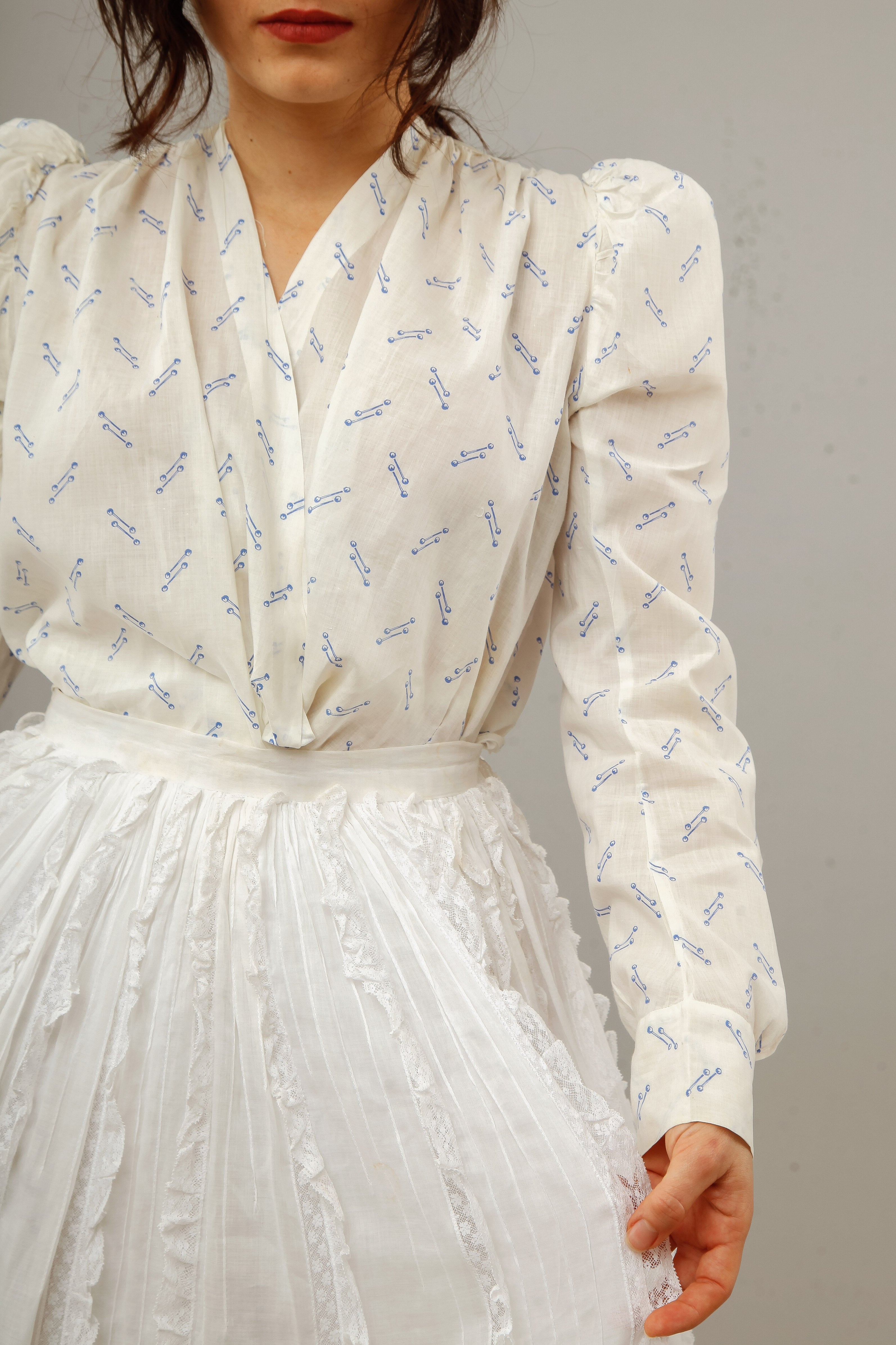 Antique 1880 Cotton Blouse with Blue Abstract Pattern
