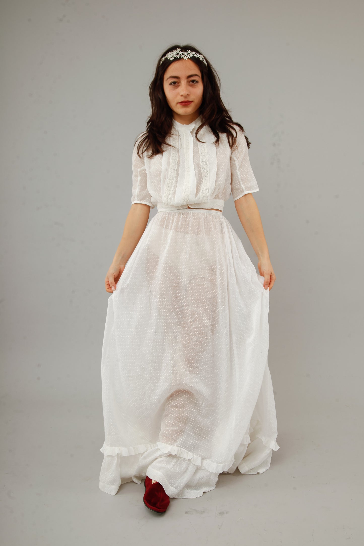 Antique Delicate Cotton Muslin Dotted White Ensemble