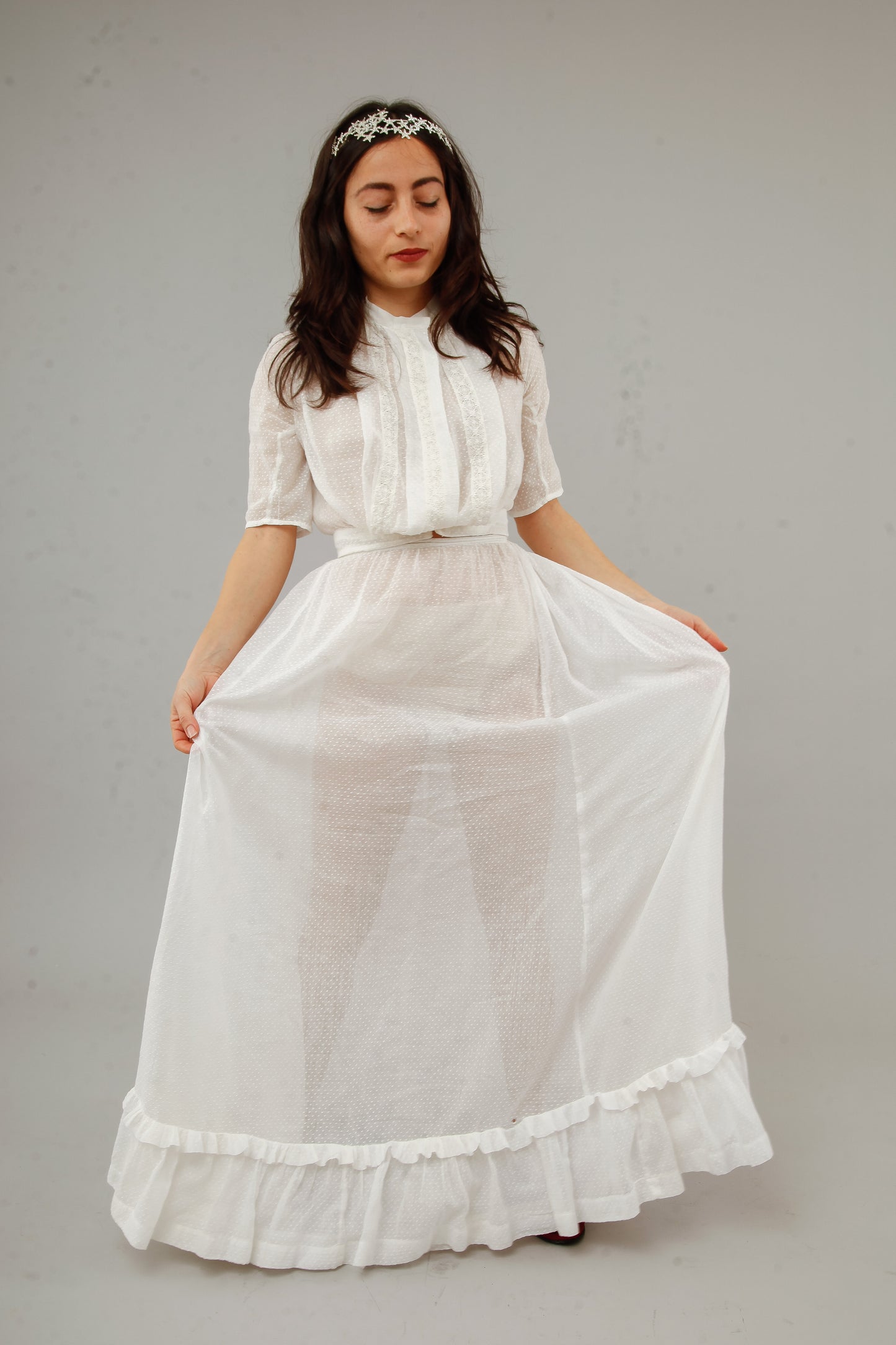 Antique Delicate Cotton Muslin Dotted White Ensemble