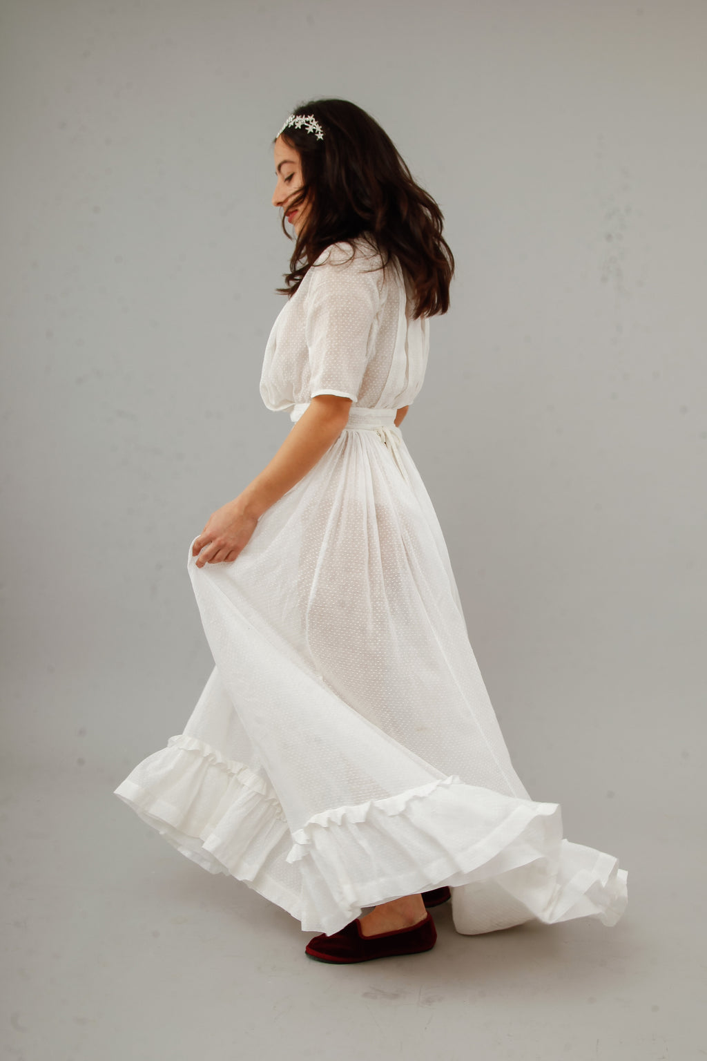 Antique Delicate Cotton Muslin Dotted White Ensemble