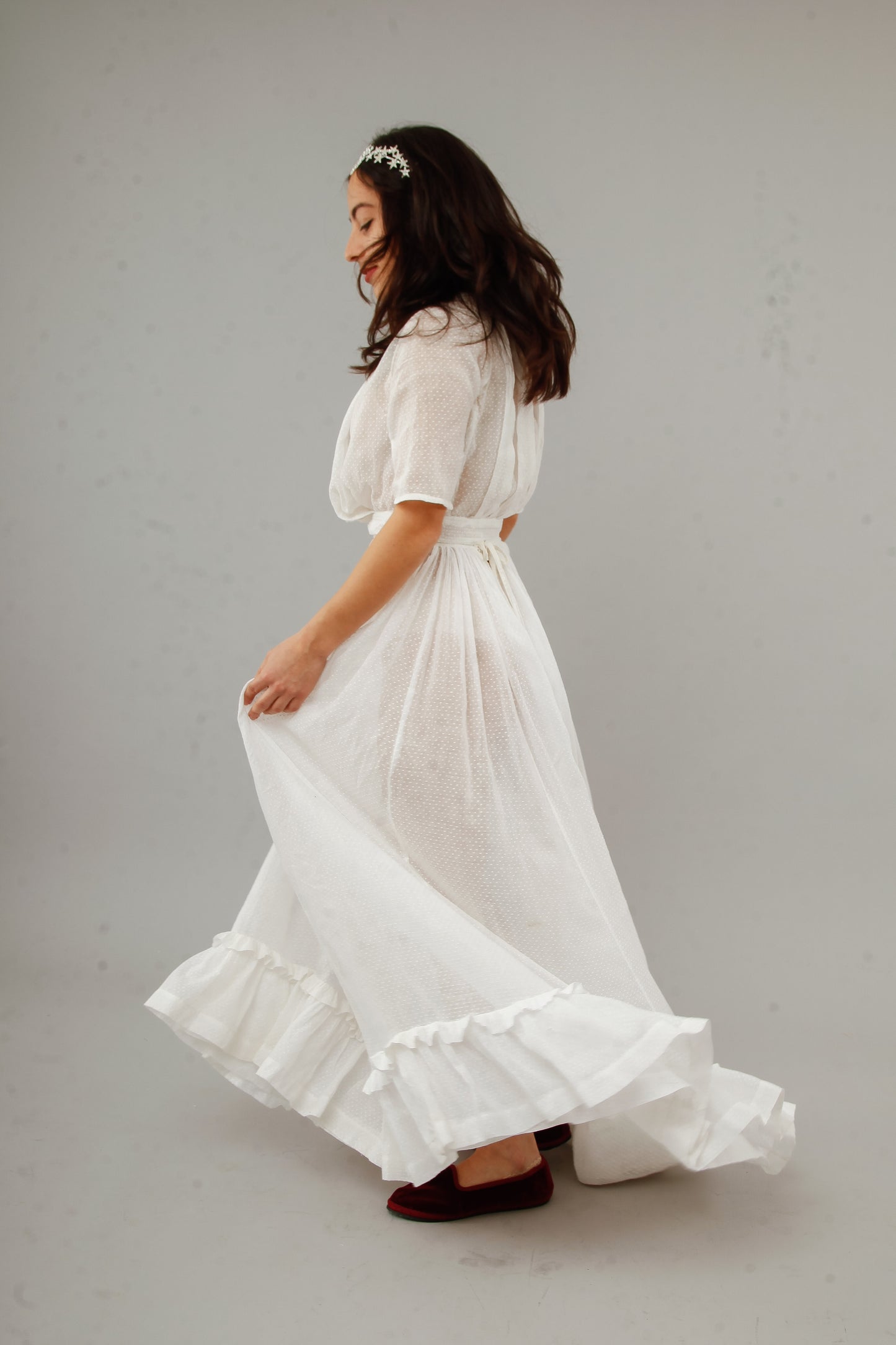 Antique Delicate Cotton Muslin Dotted White Ensemble