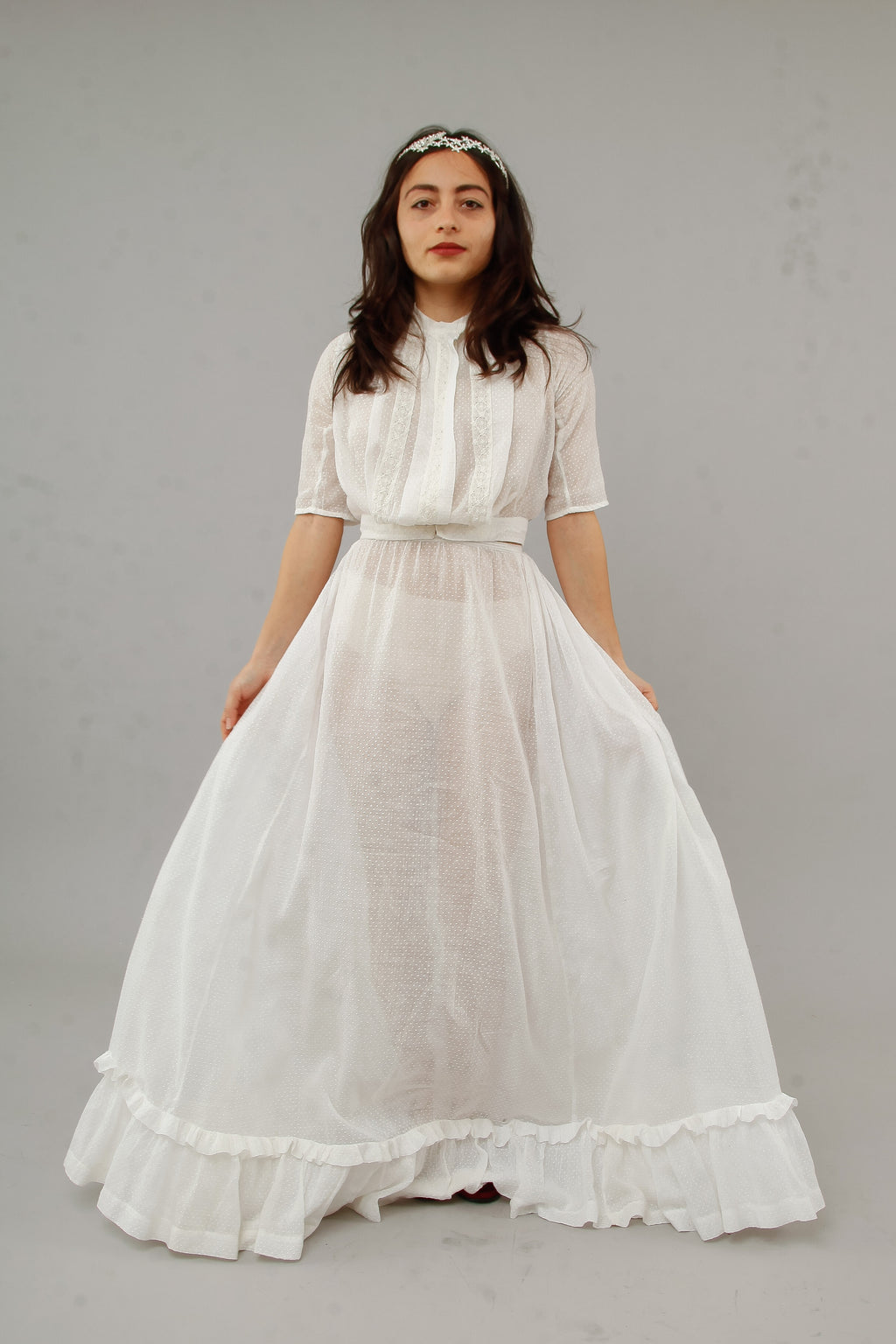 Antique Delicate Cotton Muslin Dotted White Ensemble