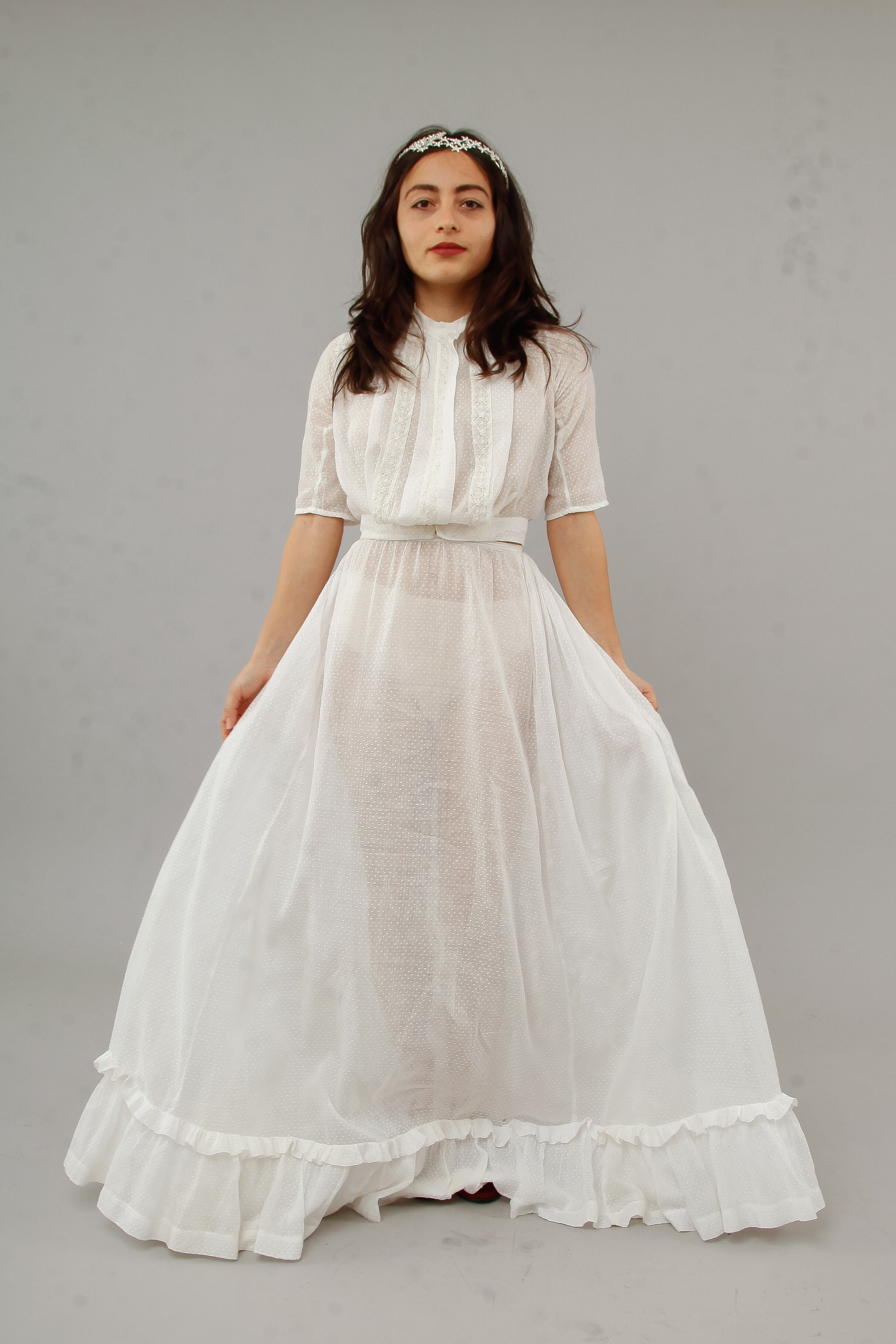 Antique Delicate Cotton Muslin Dotted White Ensemble