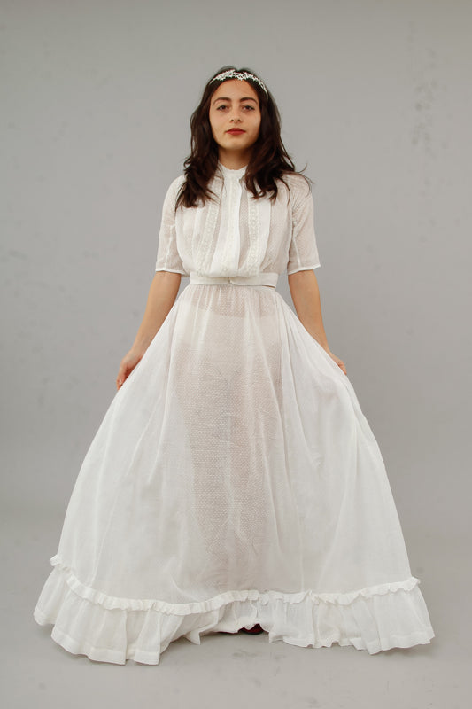Antique Delicate Cotton Muslin Dotted White Ensemble