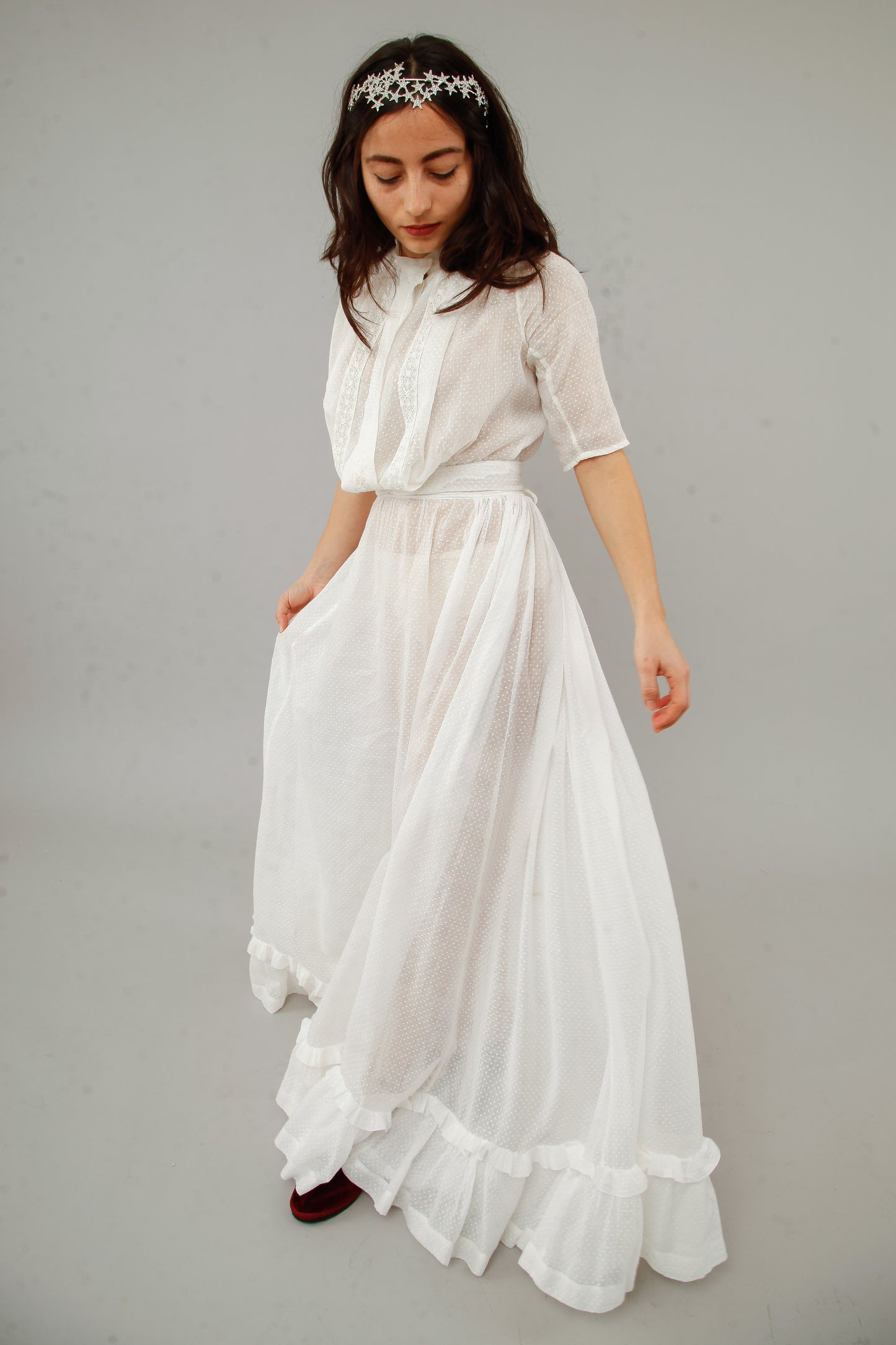 Antique Delicate Cotton Muslin Dotted White Ensemble